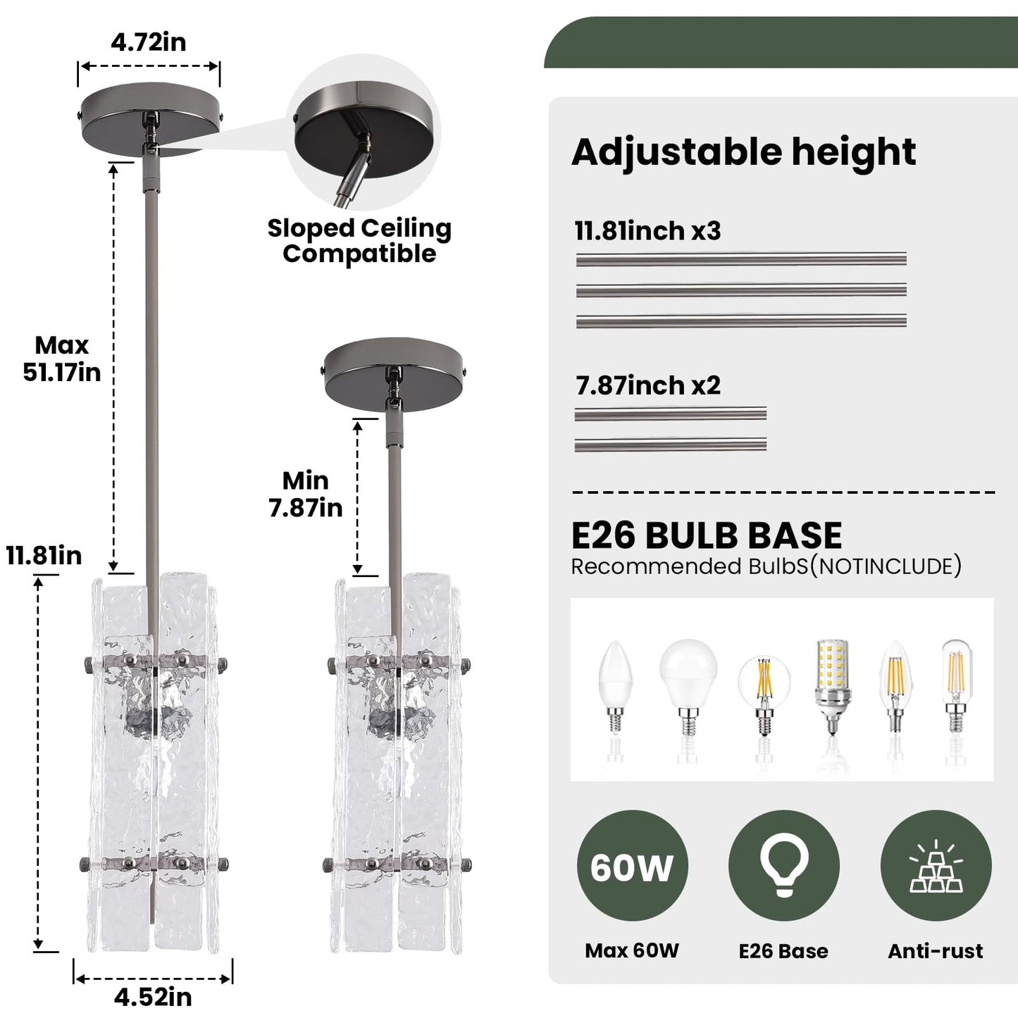 Modern Pearl Black Crystal Pendant Light for Kitchen Island, Luxury Mini Water Ripple Glass Chandelier Fixture, Square Adjustable Hanging Pendant Lighting for Dining Room Bedroom Hallway (1-Pack)