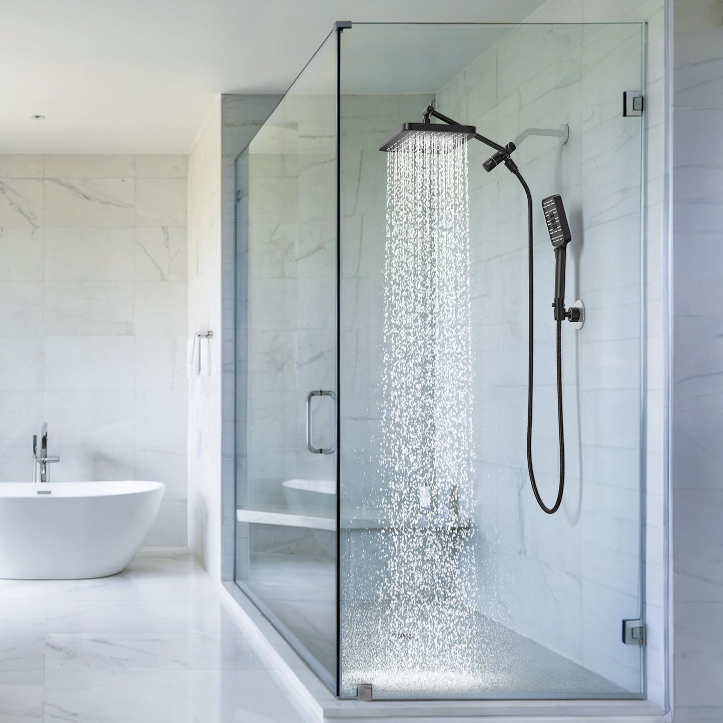 Rain Shower Head with Handheld Spray Combo Set, Adjustable 12" Rainfall Dual Shower Head, Double&Tandem Shower Head, Waterfall Showerhead Bathroom -Matte Black