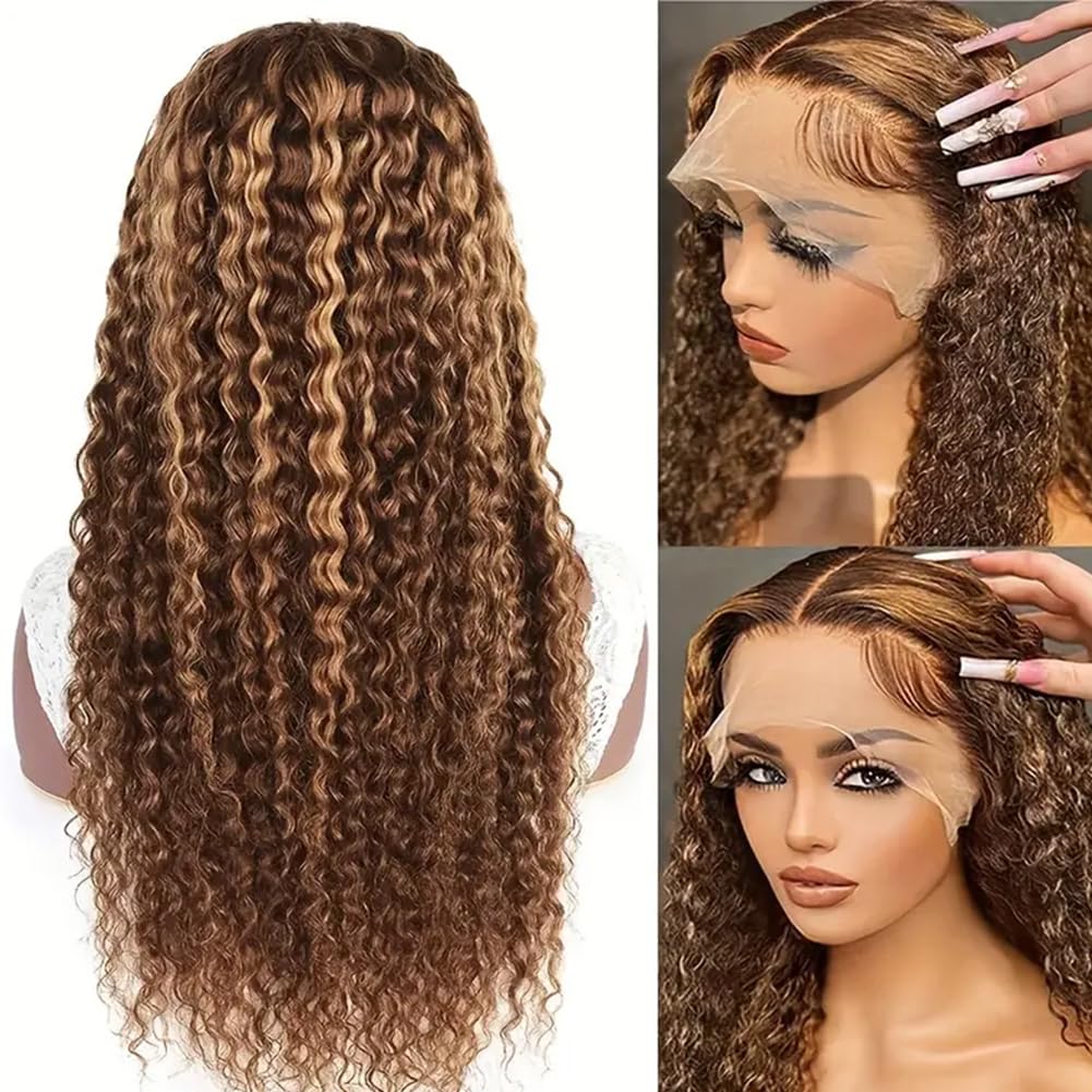 ZHUO JIA 13x4 Highlight Ombre Deep wave Lace Front Wigs Human Hair for Black Women P4/27 Colored HD Transparent Honey Blonde Curly Lace Frontal Wigs Pre Plucked 180 Density with Baby Hair 28inch