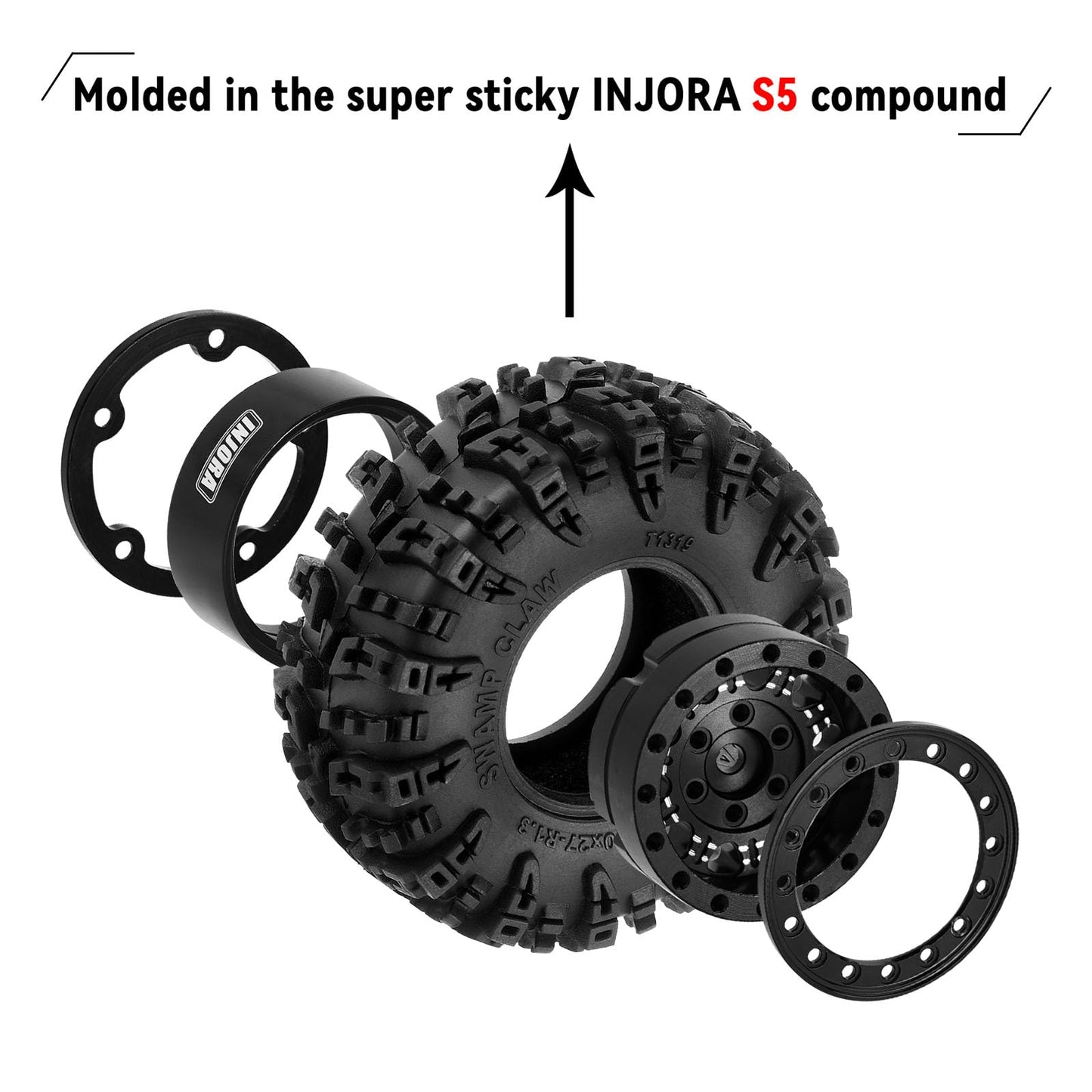 INJORA 1.3" Wheel Tires Set - S5 Swamp Claw Mud Terrain Tires and Aluminum Wheel for 1/18 1/24 SCX24 TRX4M Upgrade RC Crawler Car