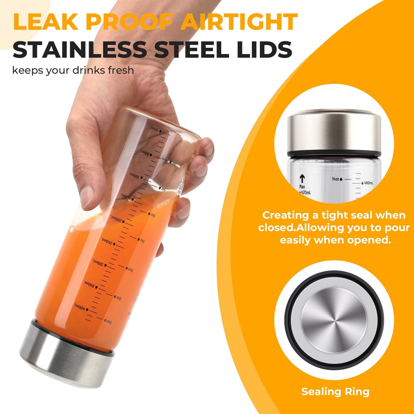 Sursip Glass Juice Bottles 6 Pack 16 oz – Wide Mouth Reusable Bottles with Stainless Steel Lids – Heat-Resistant Borosilicate Glass, BPA Free, Leakproof for Juicing, Smoothies, Milk, Infused Water