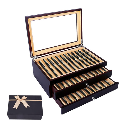 34 Piece Wood Pen Display Box Pen Storage Organizer Box Fountain Pen Collector Case 3 Layers (Ebony)