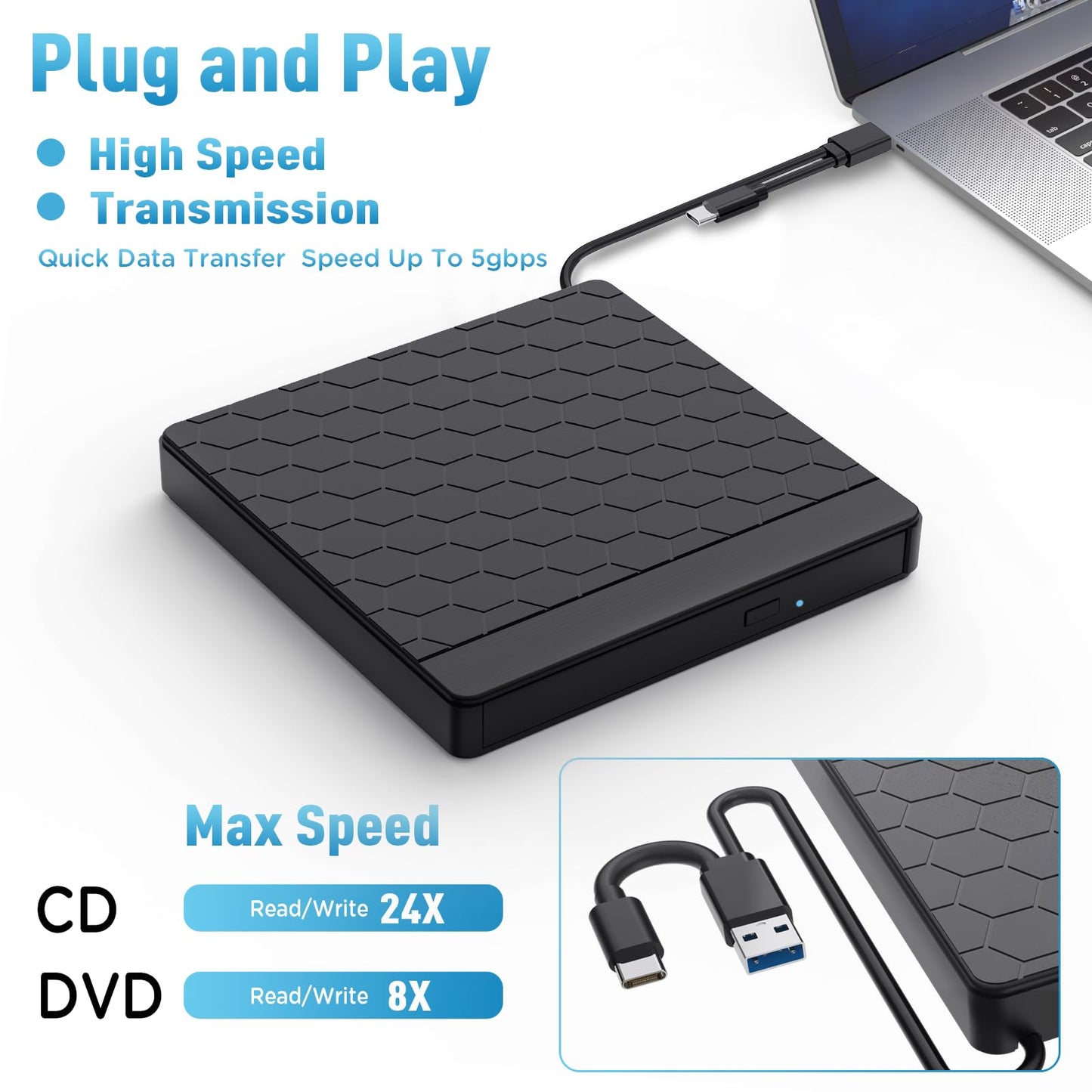 Aumdie External CD/DVD Drive for Laptop, USB 3.0 CD Burner with 2 USB Ports and 2 TF/SD Card Slots, DVD Player for Laptop, Mac, PC, Windows 11/10/8.1/7