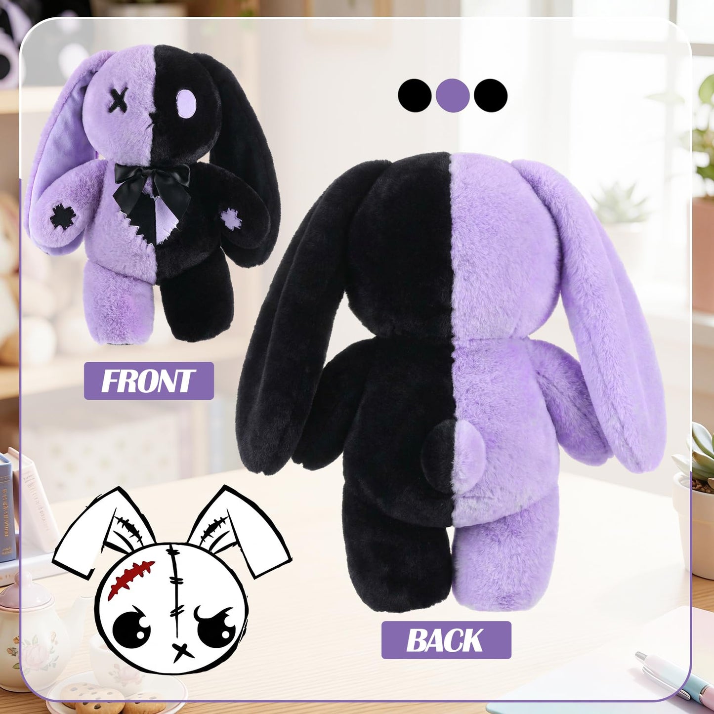 Sotiff Goth Bunny 12 Inch Easter Gothic Bunny, Emo Black Purple Rabbit Animal, Rabbit with Embroidered Details, Gothic Easter Gifts, Dark Cute Home Decor