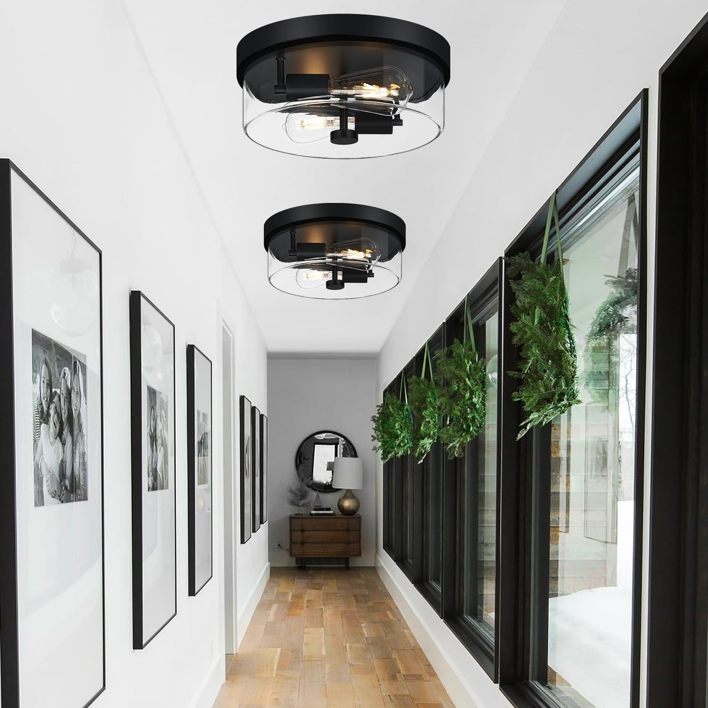 szzgco Flush Mount Ceiling Light Fixtures, 2-Light Black Ceiling Mount for Farmhouse with Clear Glass Lampshade, Industrial Flush Mount Light Fixture for Hallway, Kitchen, Entryway and Foyer