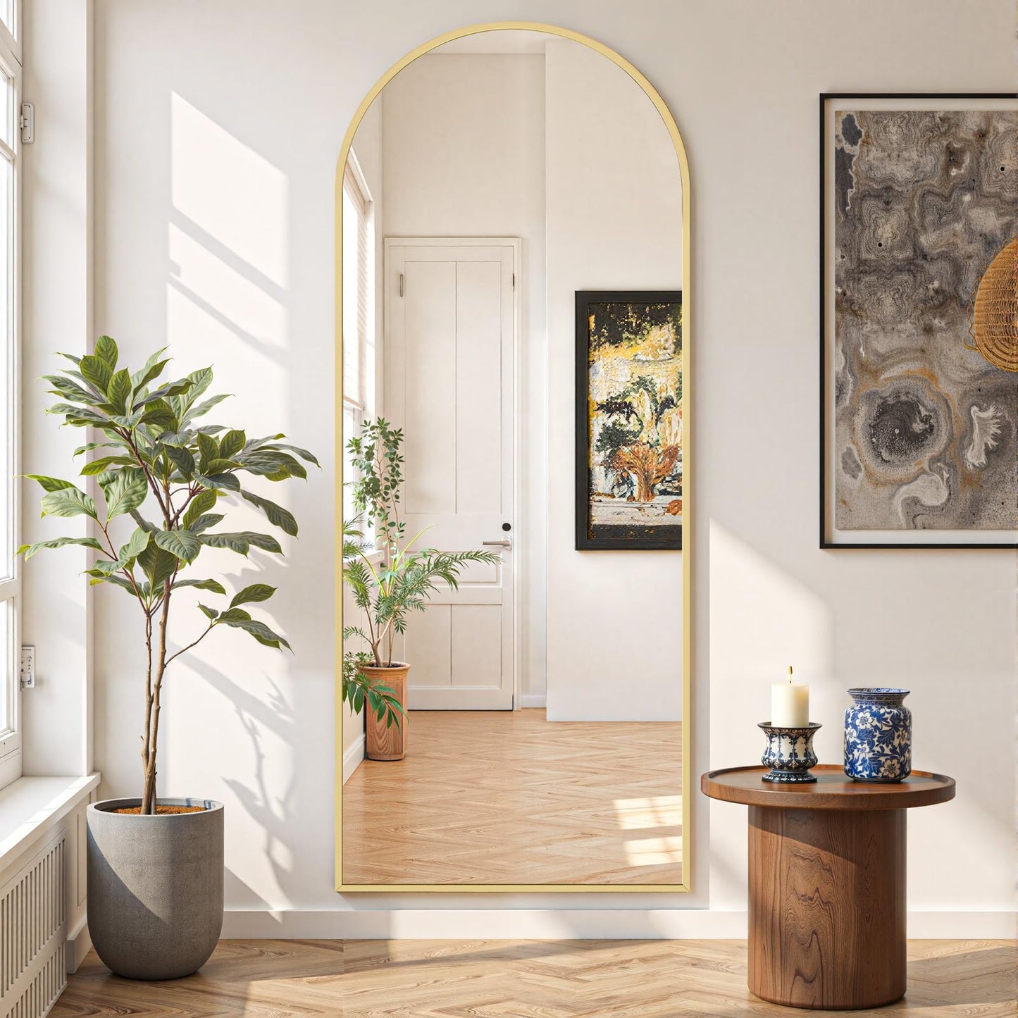 Mirror Full Length 64"x21" Full Body Floor Mirror with Stand, Shatterproof Glass, Aluminum Alloy Frame, Free Standing Wall Mounted or Leaning Arched Mirrors for Bedroom Living Room Entryway