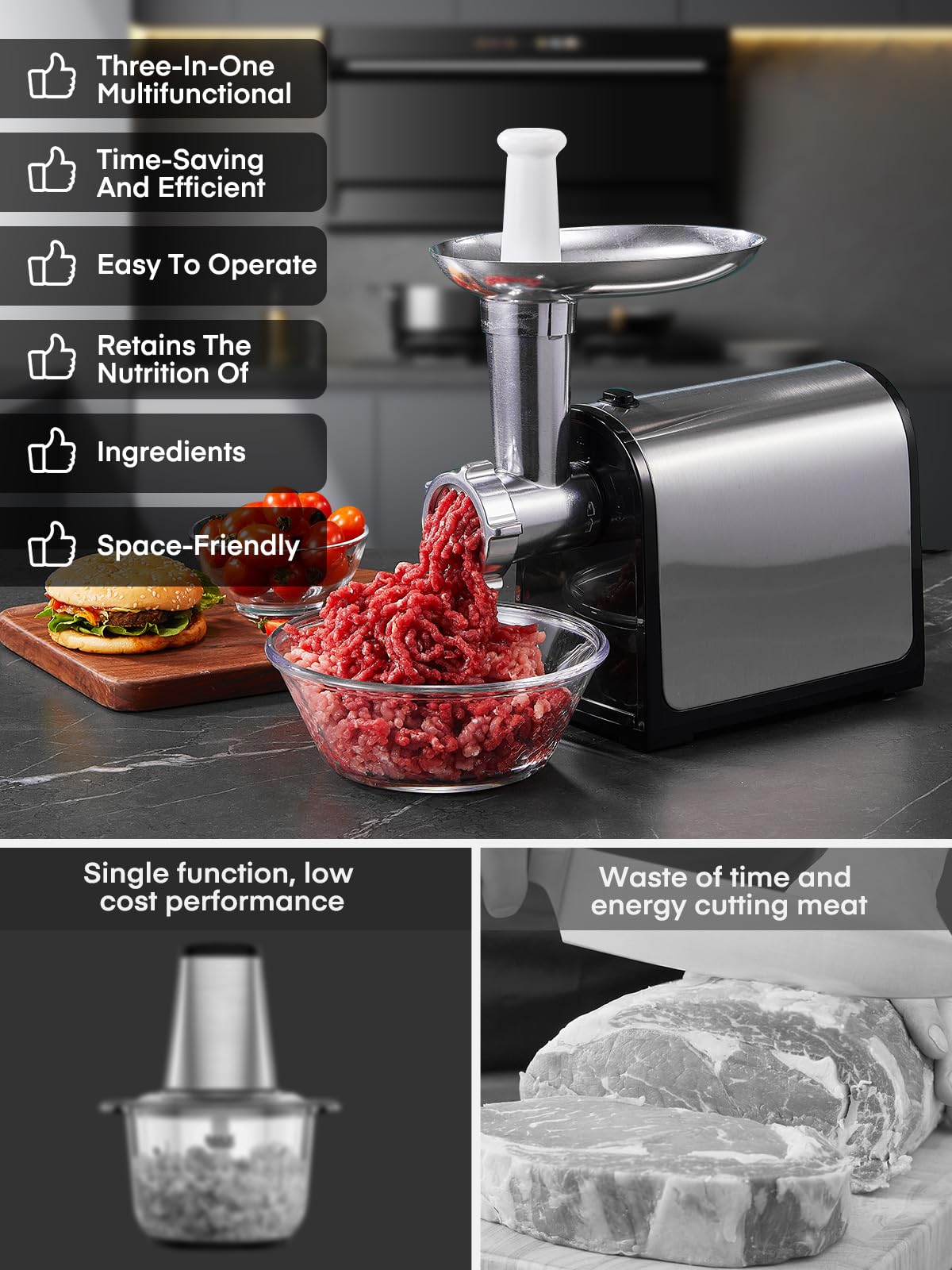 Electric Meat Grinder, 3200W Max Meat Grinders for Home Use, HOUSNAT 3 in 1 Heavy Duty Meat Mincer with 2 Blades and 3 Plates, Sausage Stuffer Tube & Kubbe Kit, Stainless Steel