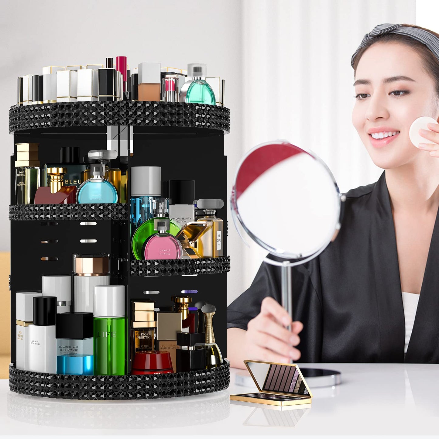 Famitree Black 360 Makeup Organizer Degree Rotating, 7 Layers Large Capacity Cosmetic Storage, Acrylic Makeup Organizers, Organizador De Perfumes Fits Makeup Brushes, Lipsticks, Bathroom, Black
