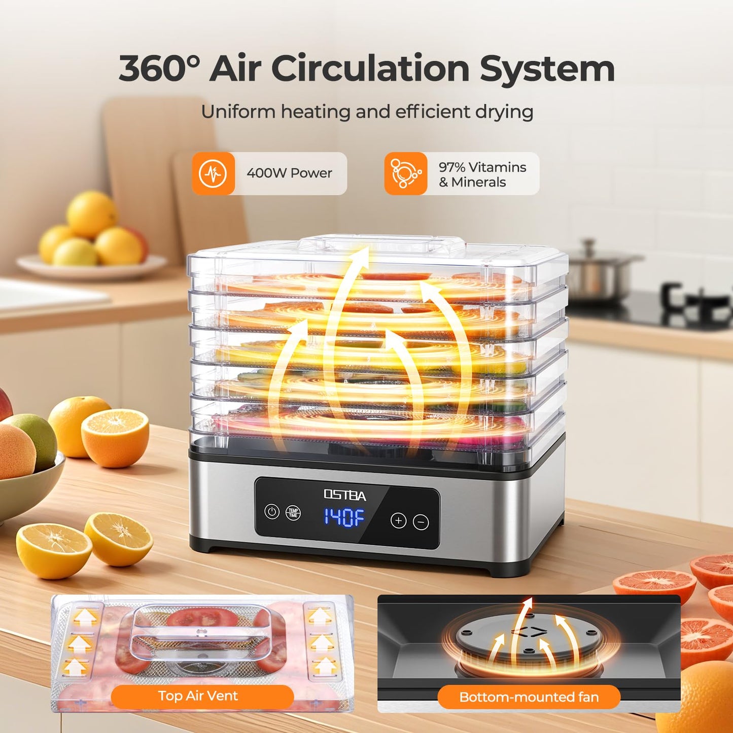 OSTBA Food Dehydrator, 5 Stainless Steel Trays, 400W Powerful Drying, 48H Timer & 95–160°F Temp Control, Quiet Small Dryer for Jerky, Fruits, Herbs, Mushrooms, BPA-Free, Recipes Included