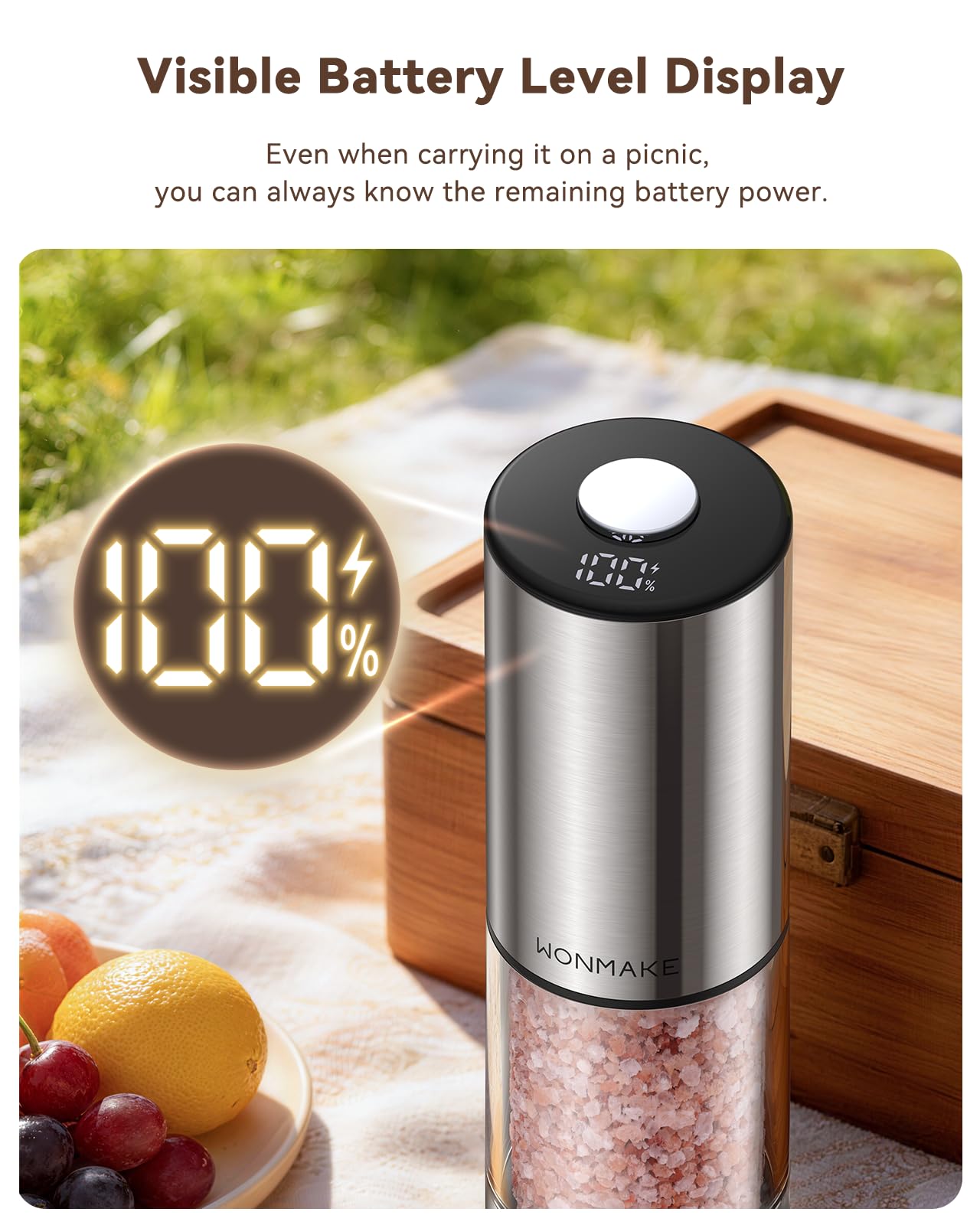 Electric Salt and Pepper Grinder Set, Type-C Rechargeable with LED Battery Level Display, Stainless Steel Salt and Pepper Shakers with Storage Base, Top Button Design, 5 Adjustable Coarseness Levels