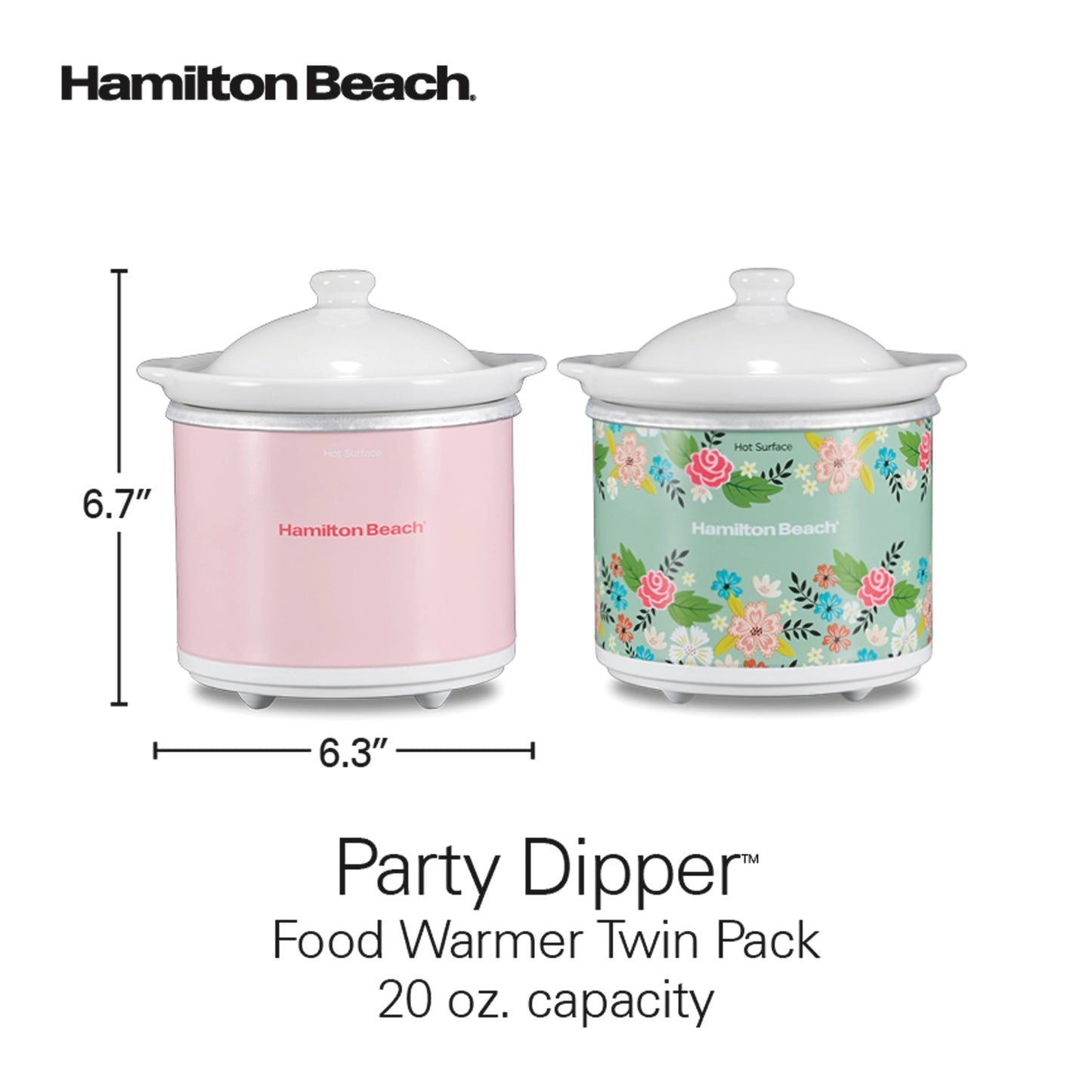 Hamilton Beach Party Dipper Electric Food Warmer Twin Pack, Great for Entertaining and Gifts, 20 oz. Capacity, For Desserts, Dips, Sauces, Cheeses, Solid Pink and Colorful Floral Print (33102)