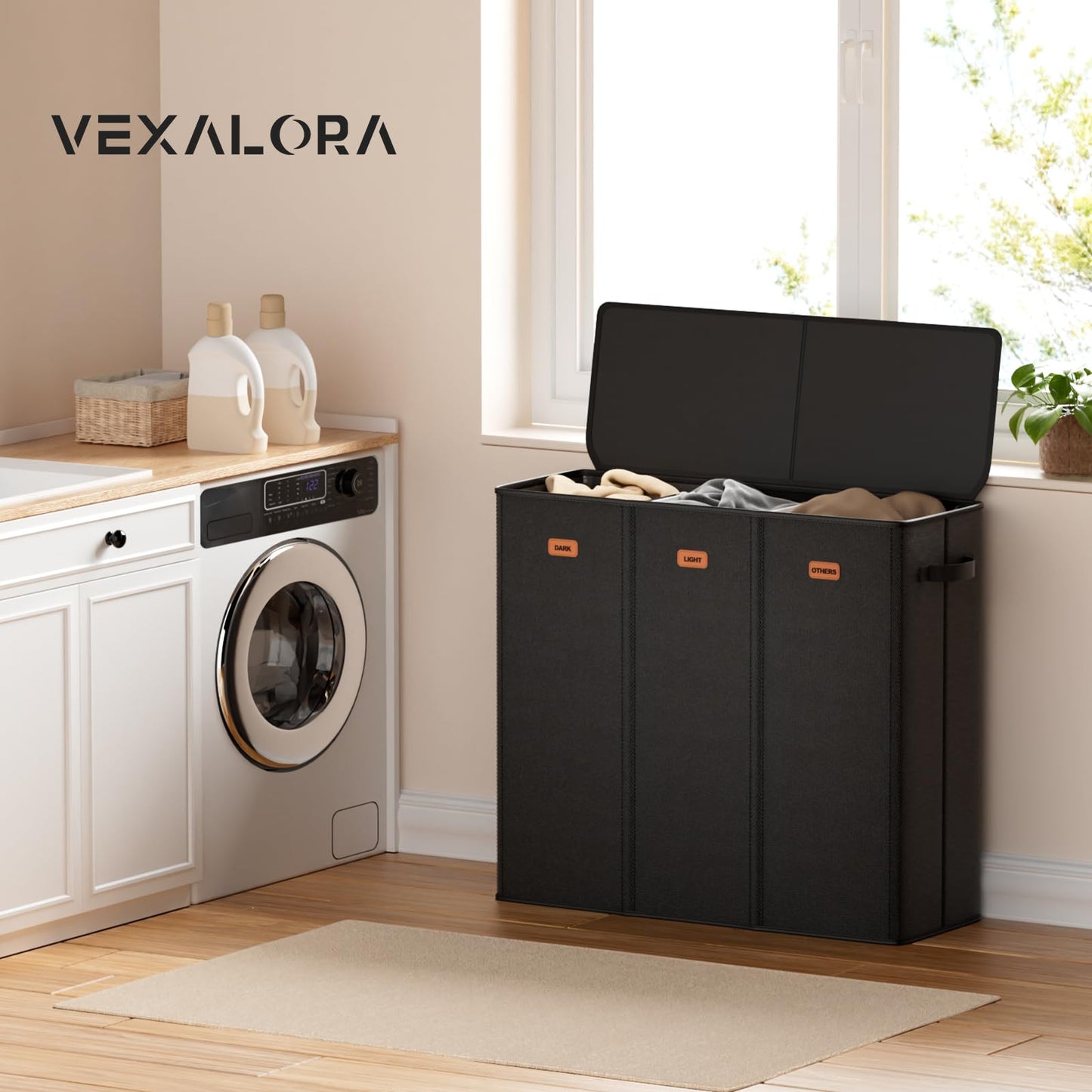 Vexalora 185L Laundry Hamper 3 Section, Laundry Hamper with Lid, Dirty Clothes Hamper with 3 Removable Washing Bags, Extra Large Laundry Basket Organizer for Bedroom, Laundry Room, Dorm - Black