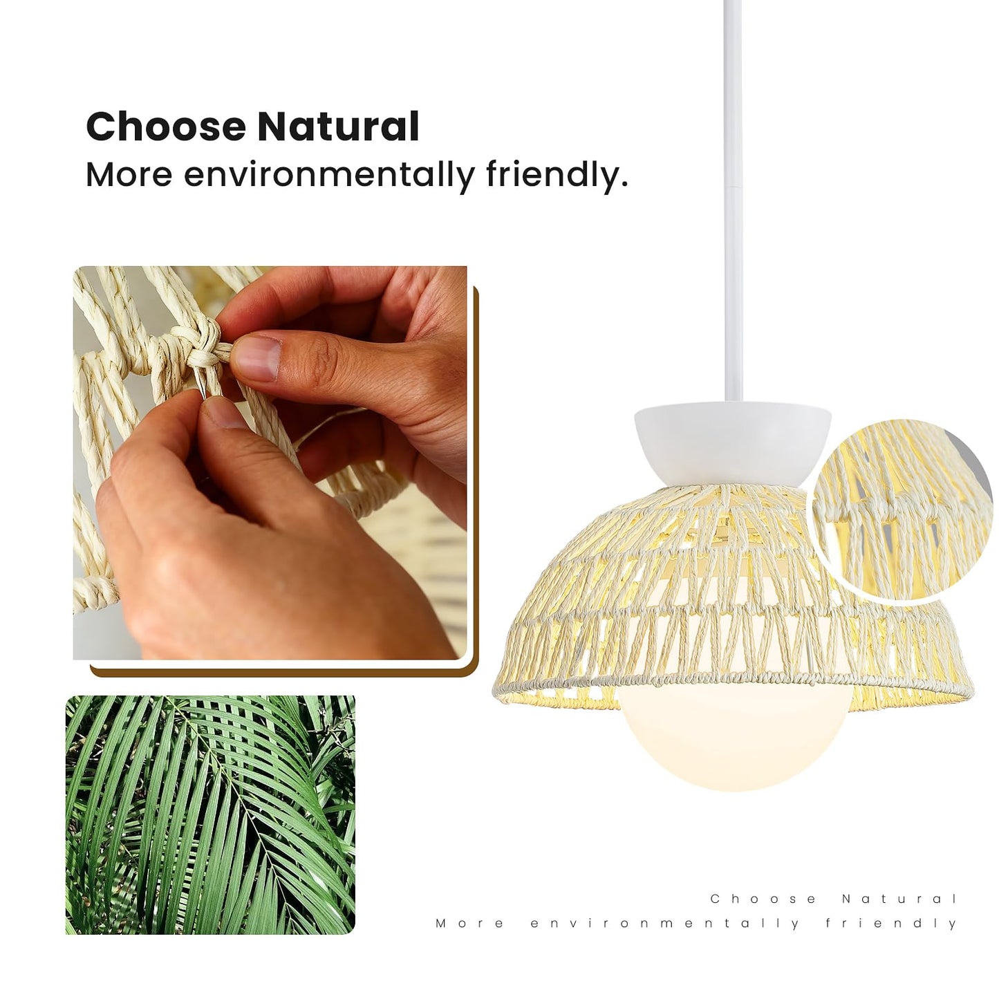 Pendant Light Kitchen Island - 11.8" Rattan Dining Room Light Fixtures over Table Hand-Woven Boho Pendant Light Fixtures with Milk Glass Globe, Adjustable Hanging Light for Bedroom Entryway Foyer