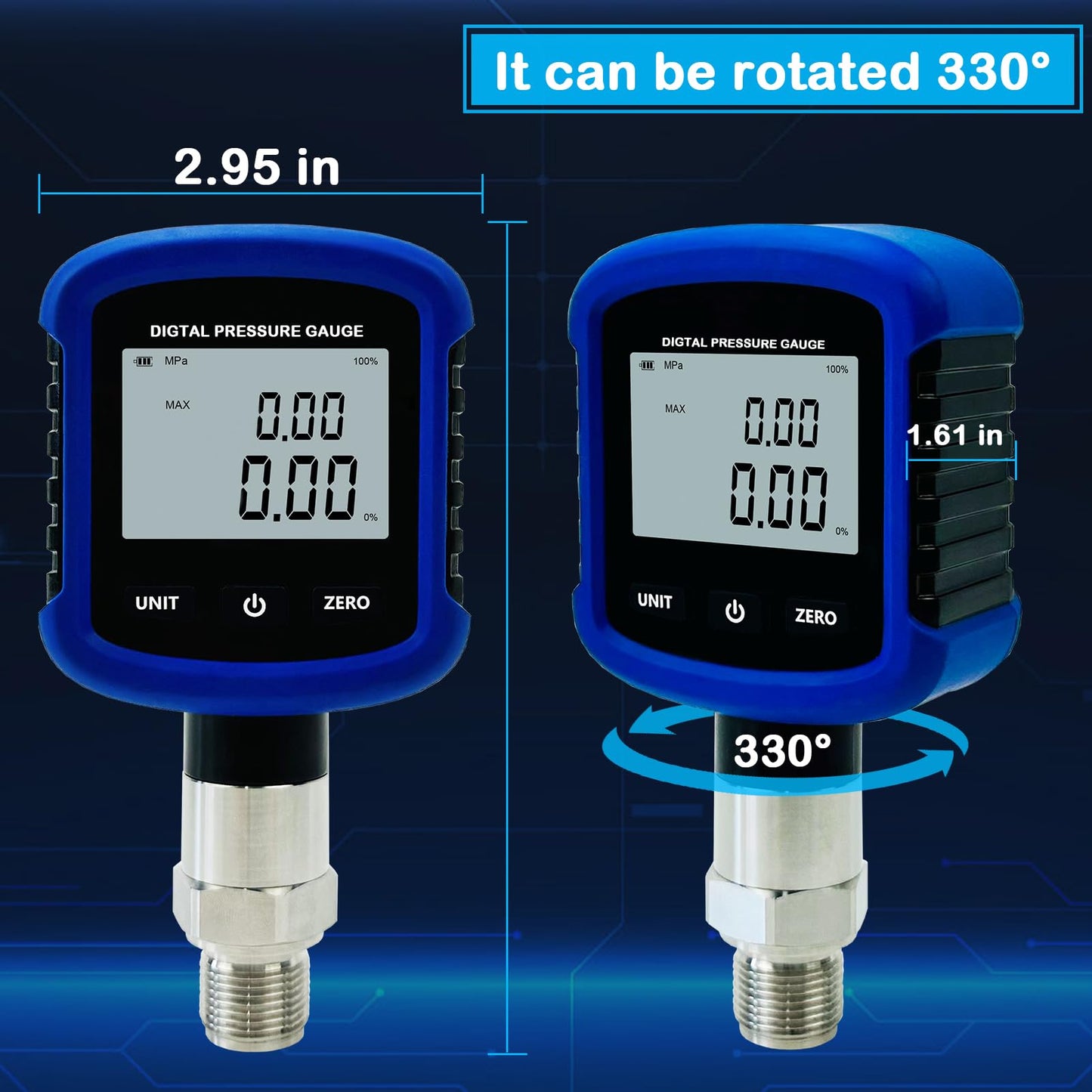S281 High Precision 10000PSI 70Mpa Digital Hydraulic Pressure Gauge 0.2% FS Accuracy Air Manometer 1/4 Inch NPT Thread with Bluetooth Connection for Mobile Phone and 330° Rotation