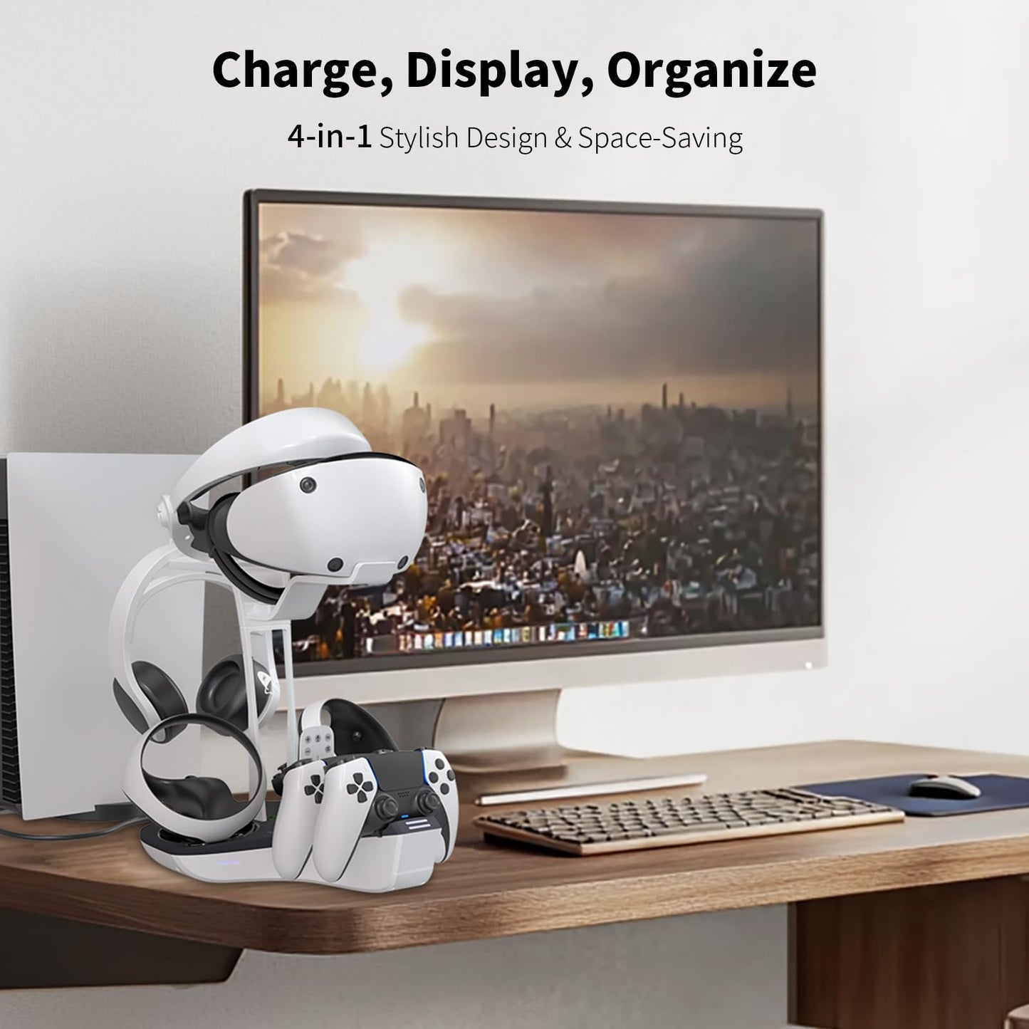 4-in-1 Controller Charging Station for PSVR2 and PS5, Dual Charging Dock with VR Headset Display Holder and Headphone Rack, LED-Charging Indicator, AC Power Adapter, RGB Lights, 3 Magnetic Connector