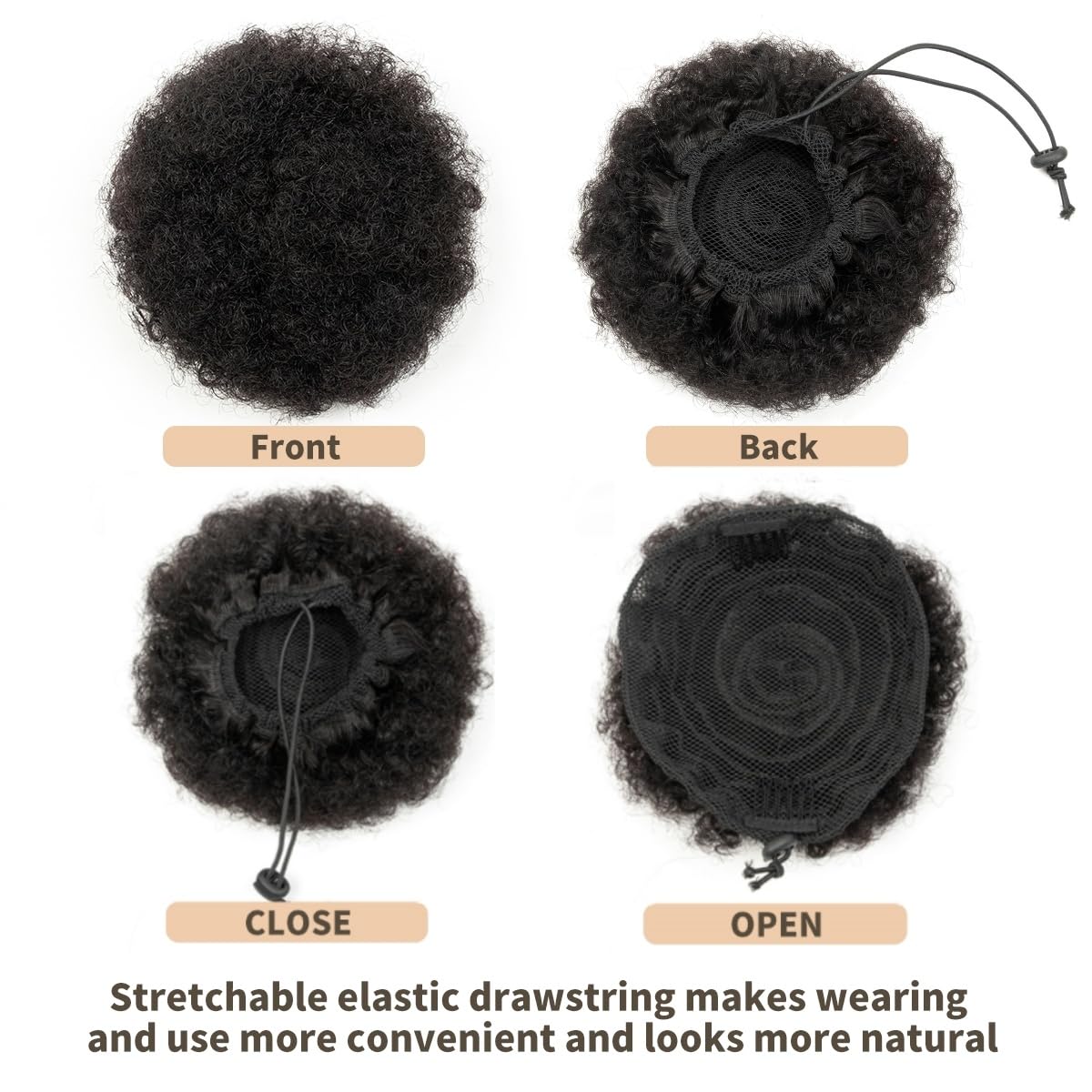 Boymia Afro Puff 2Pcs #1B Natural Black 8 Inch African American Kinky Curly Wrap Drawstring Puff Ponytail Hair Extensions 100% Remy Human Hair Kinky Bun for Natural Hair