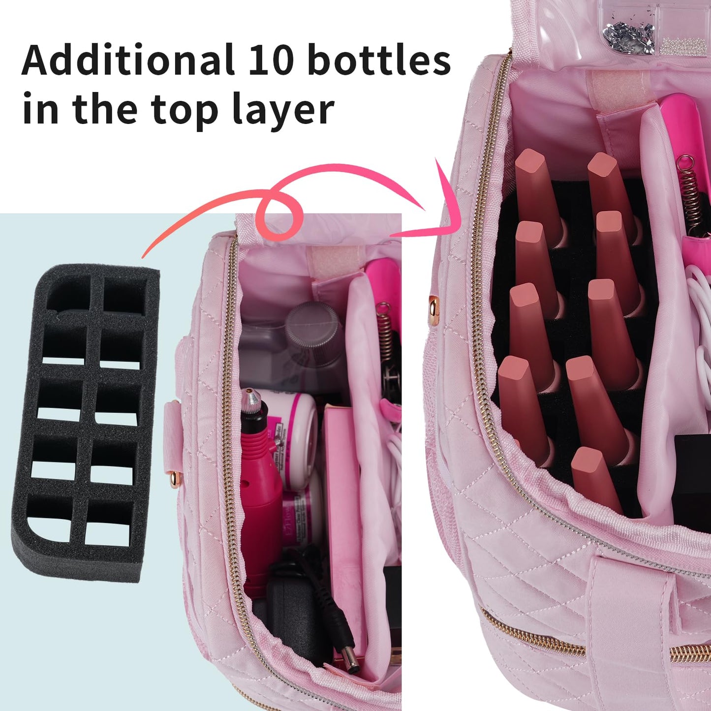 VOFIpremiAm Nail Polish Organizer Case Fits 1 Nail Lamp and 50 Bottles,Pretty Nail Organizers and Storage with Side Pockets for Nail Polish Remover,Manicure Tools (Patented,Bag Only)-Pale Pink