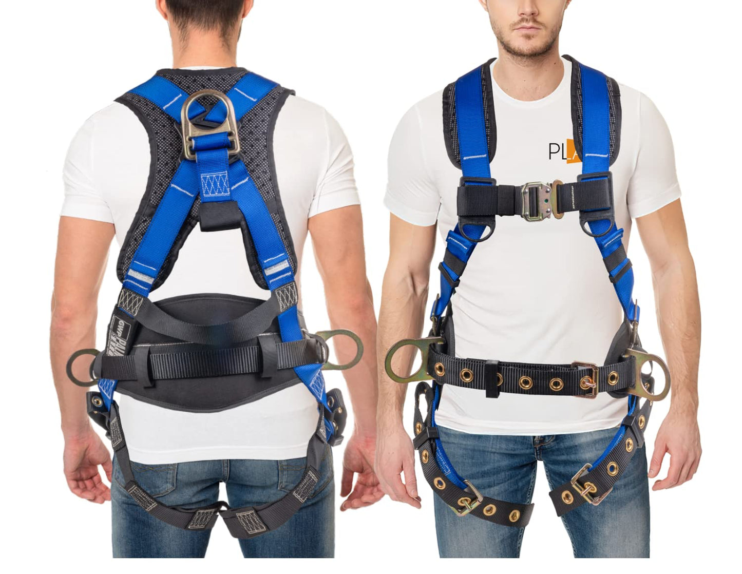 Palmer Safety Fall Protection Full Body 5 point Harness, Padded Back Support, Quick-Connect Buckle, Grommet Legs, Back&Side D-Rings, OSHA ANSI Industrial Roofing Tool Personal Equipment (Blue - XLG)
