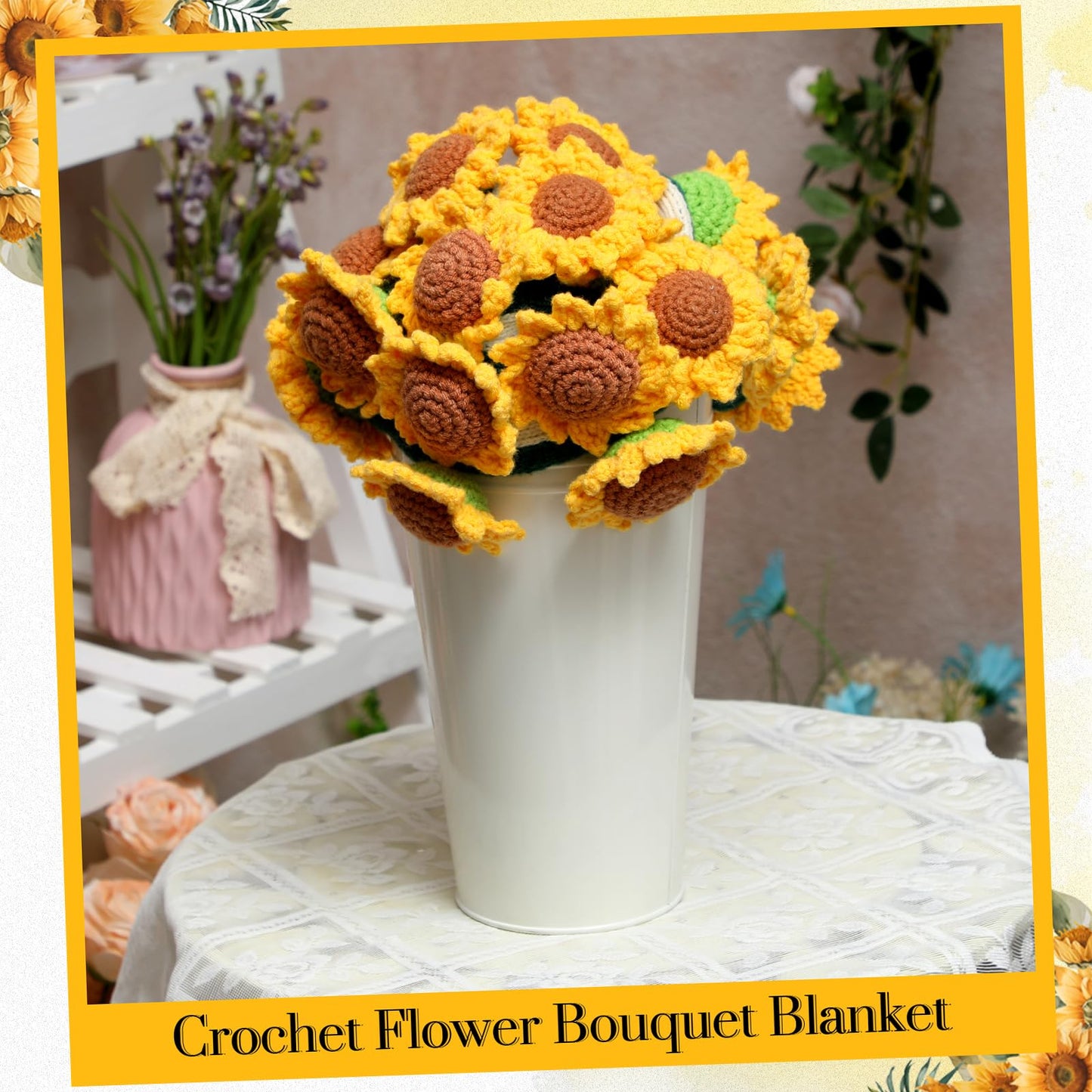 WovWeave Sunflower Crochet Knitted Blanket - 31.5 inch Finished Yellow Floral Bloomie Bouquet Blanket for Women Birthday Gift Anniversary Wedding Party Favors