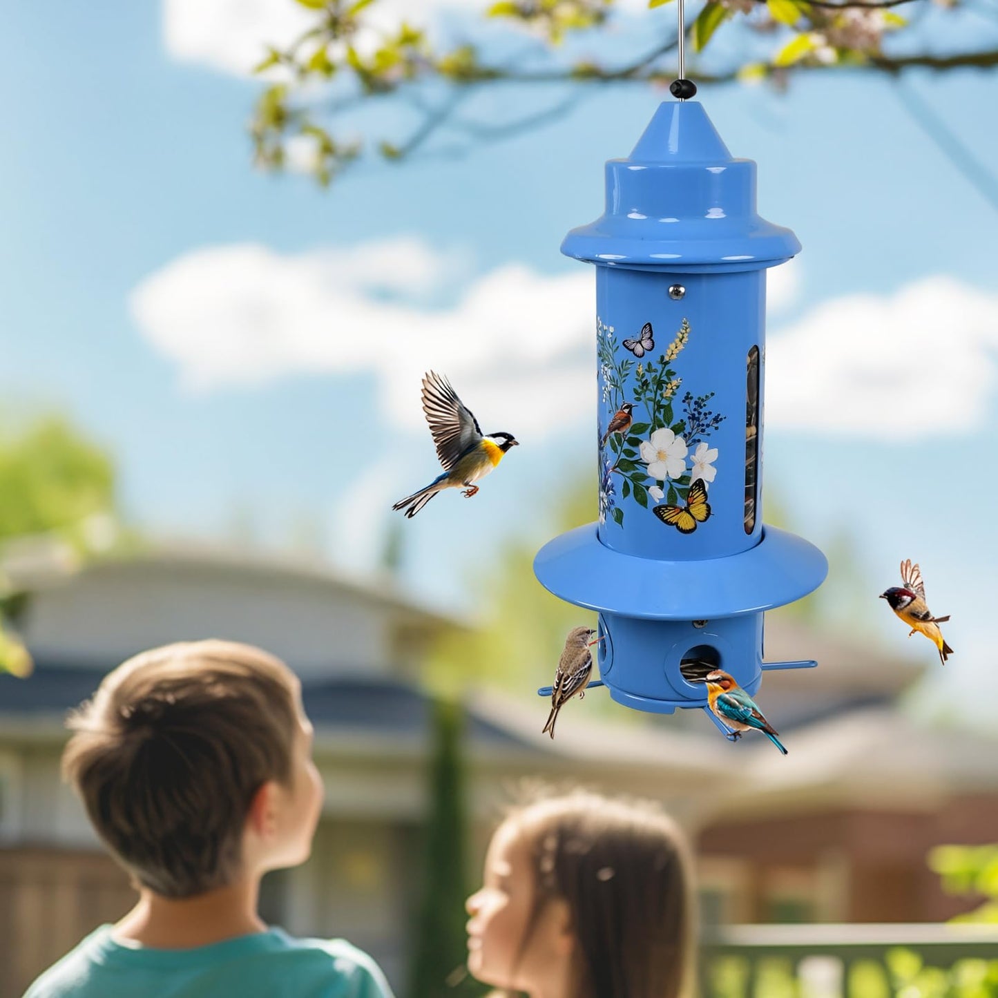Pitoutfir Squirrel Proof Bird Feeders, Long Lasting Bird Feeder for Outdoors, Reliable and Rust Resistant Metal Station for Prevents Squirrels from Stealing Food,5LB Large Capacity (Blue Bird Feeder)