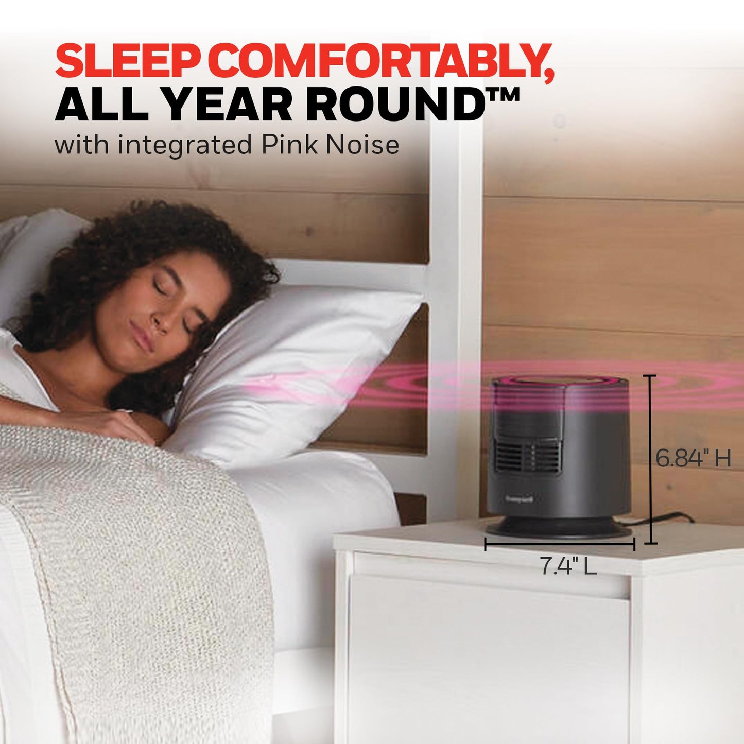 Honeywell QuietSet™ Personal Sleep Fan Noise Machine with Pink Noise, 3 Speeds, Adjustable Head, Nightstand and Bedside Fan, Black, HTF300B