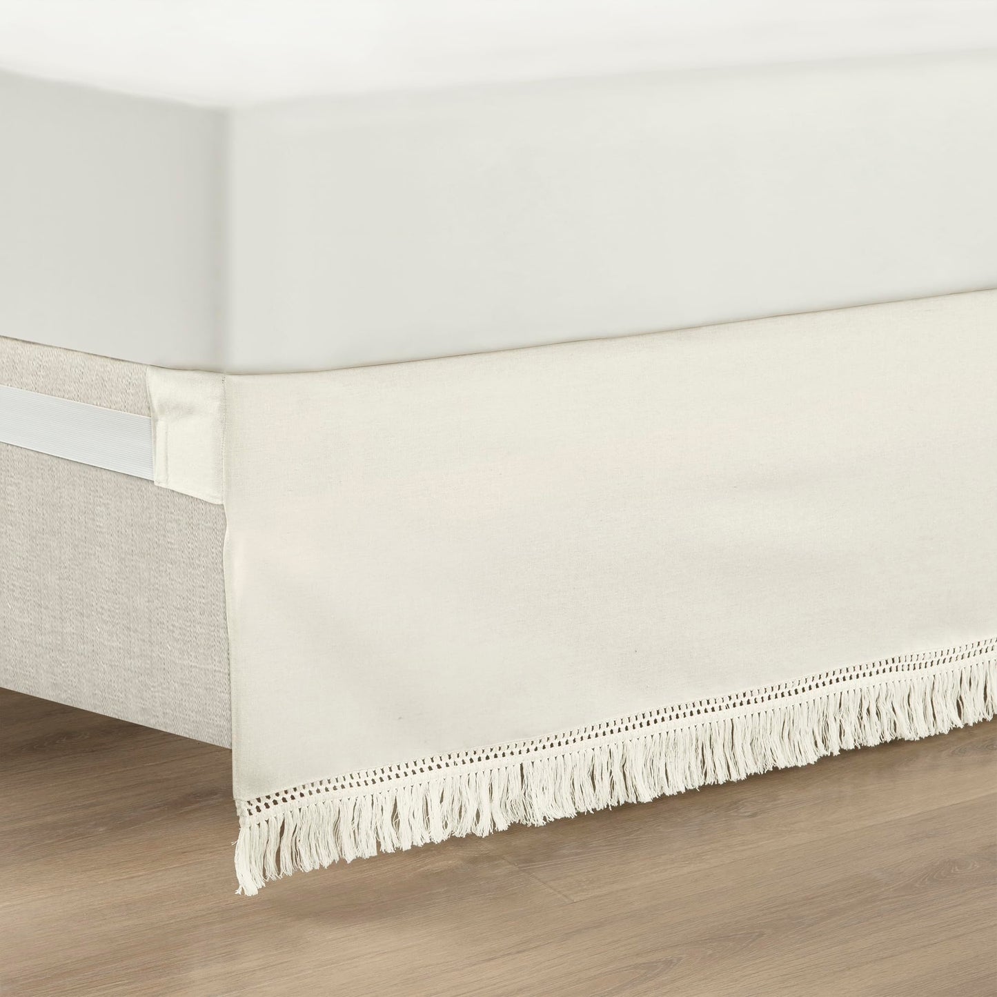 Lush Decor Boho Fringe 15-Inch Tailored Drop Easy Fit Bed Skirt King Size Single 78" W x 80" L +15" White - King Bed Skirt - Wrap Around Bed Skirt
