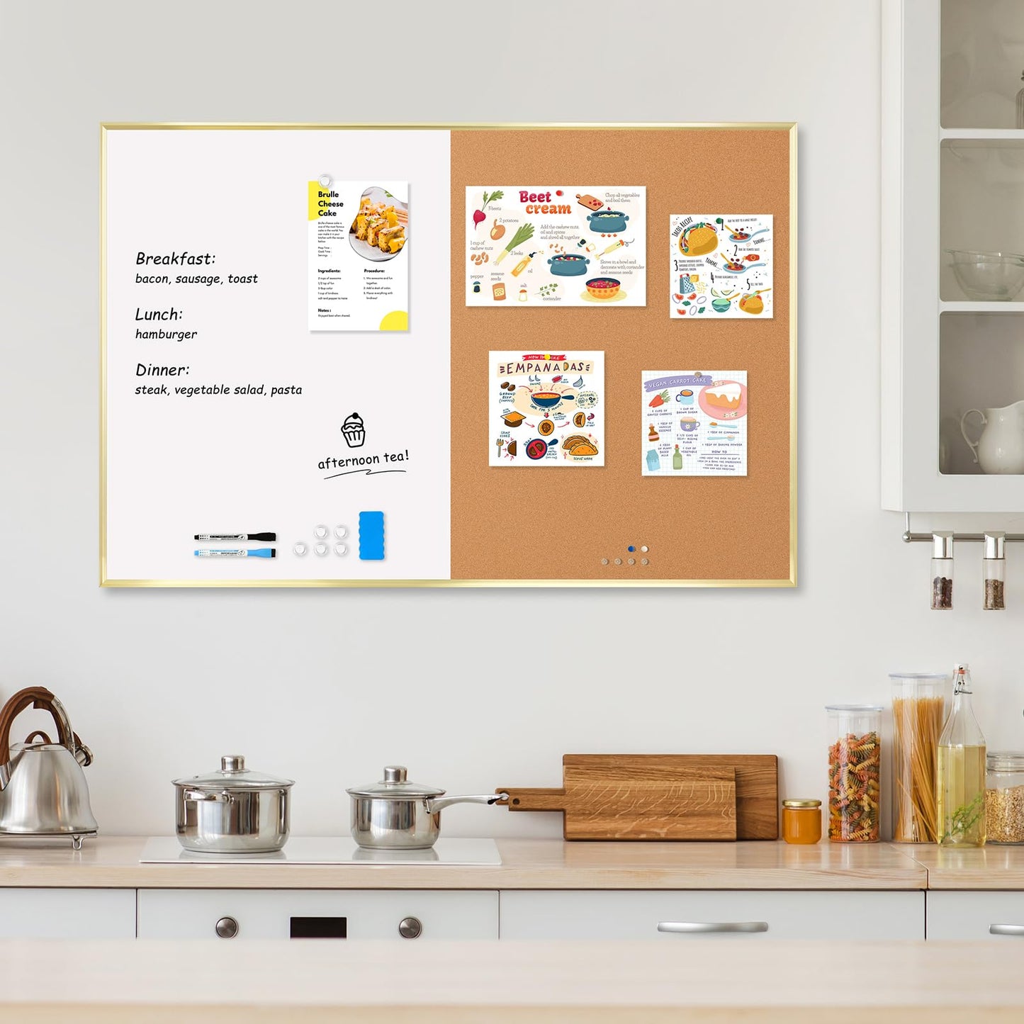 QUEENLINK Cork Board White Board Combo - 36'' x 24'' - Half Bulletin Board - Half Magnetic Dry Erase Board - Gold Aluminum Frame