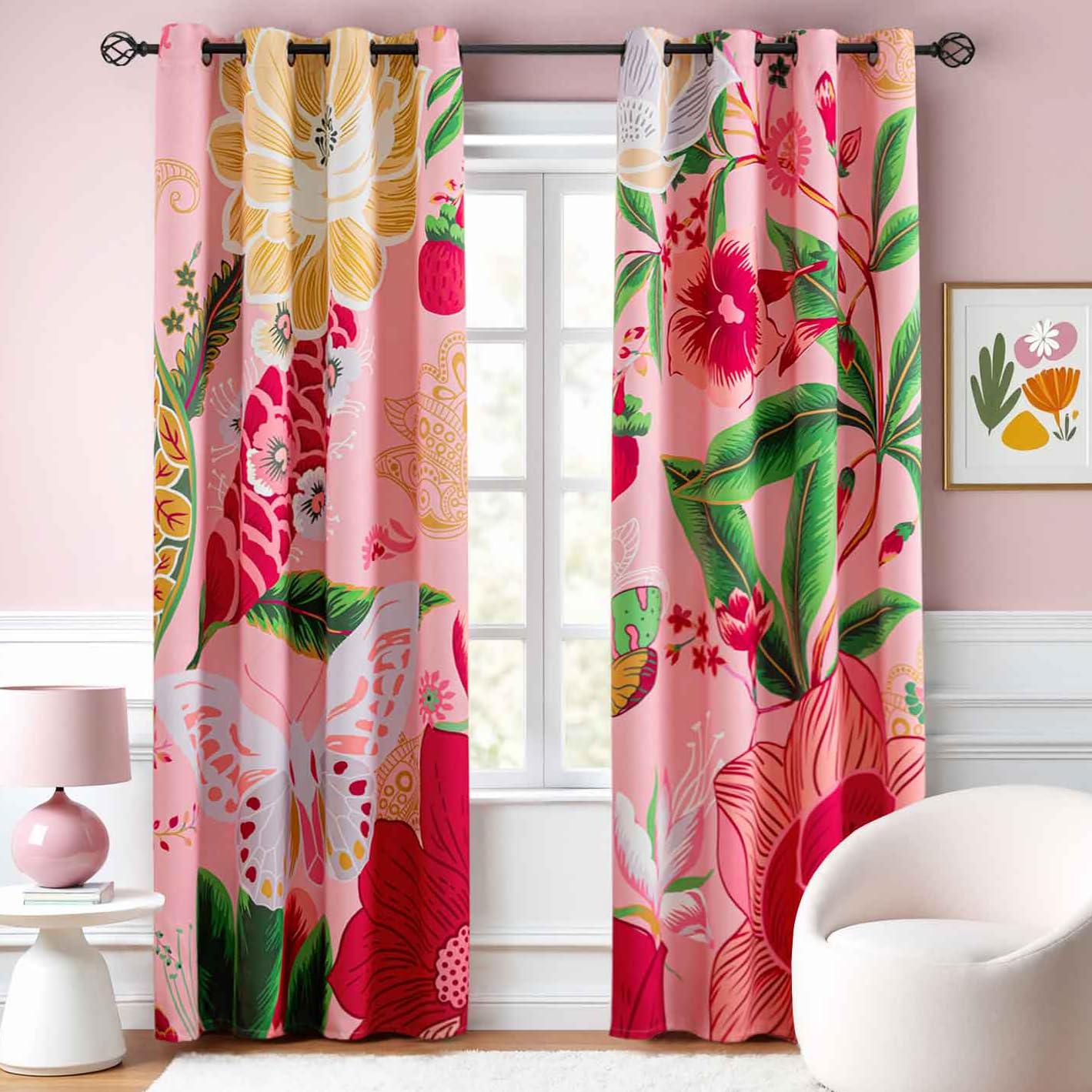 Tyrot Pink Boho Floral Blackout Curtains for Girls Bedroom 84 inch Long 2 Panels Butterfly Black Out Curtains for Living Room Grommet Nursery Thermal Insulated Room Darkening Window Drapes,52Wx84L