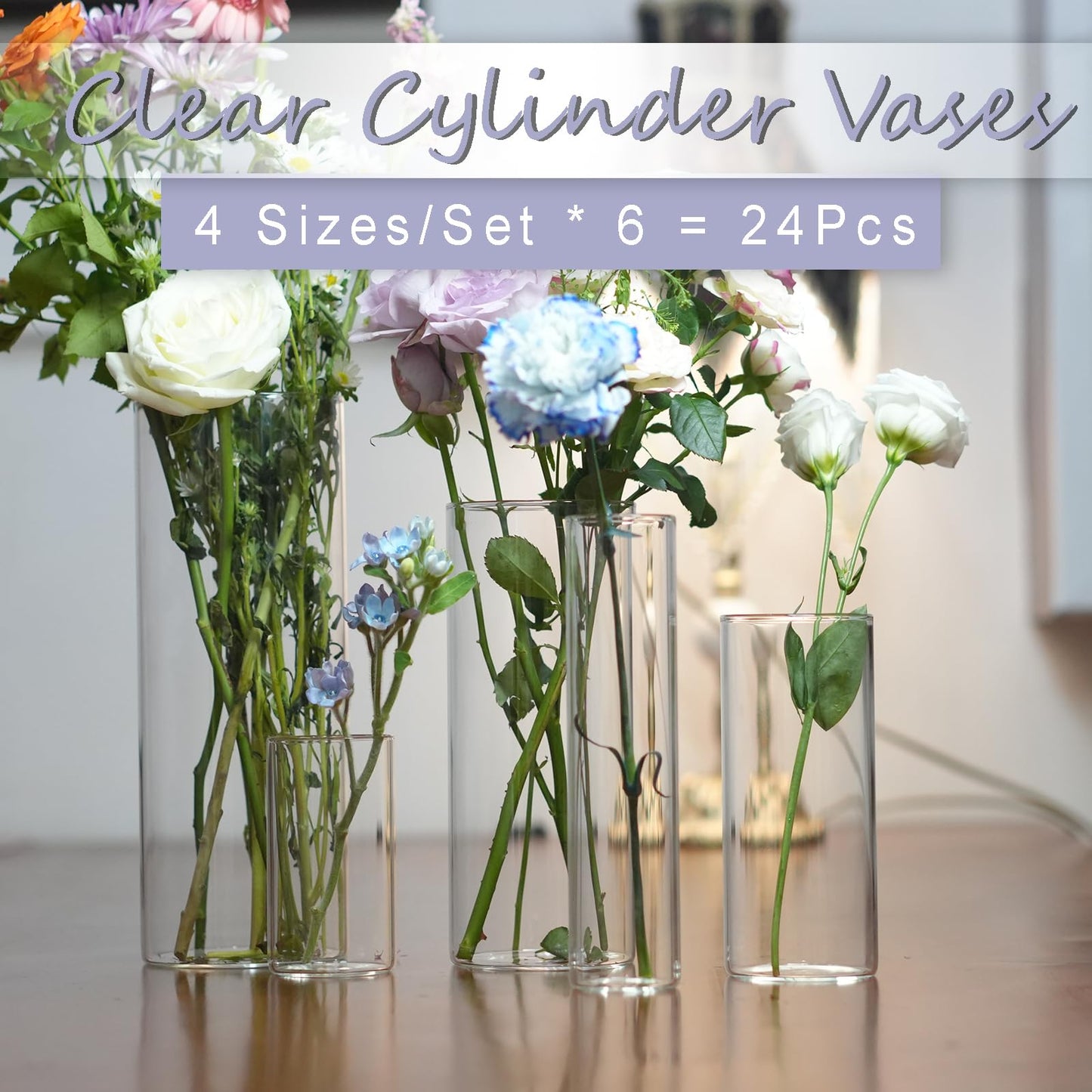 Wehomai 24pcs Glass Cylinder Vases 4,5,6 Inch for Centerpieces,Small Clear Flower Vases for Wedding Decorations and Indoor Home Decor, Hurricane Candle Holder for Table Shelf, Party