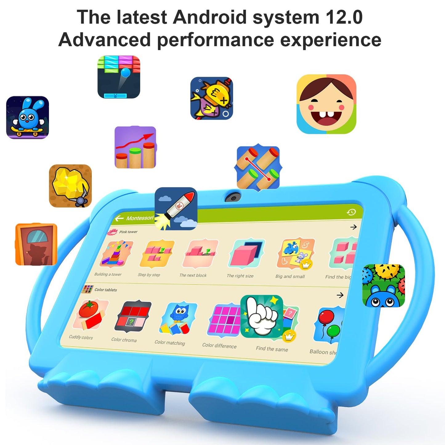 Kids Tablet, 7 inch Android 12 Tablet for Kids, 4GB RAM 32GB ROM 1TB Expand, Toddler Tablet with Parental Control, IPS Screen, Dual Camera, Educational, Games, Shockproof Case for Boys/Girls (Blue)