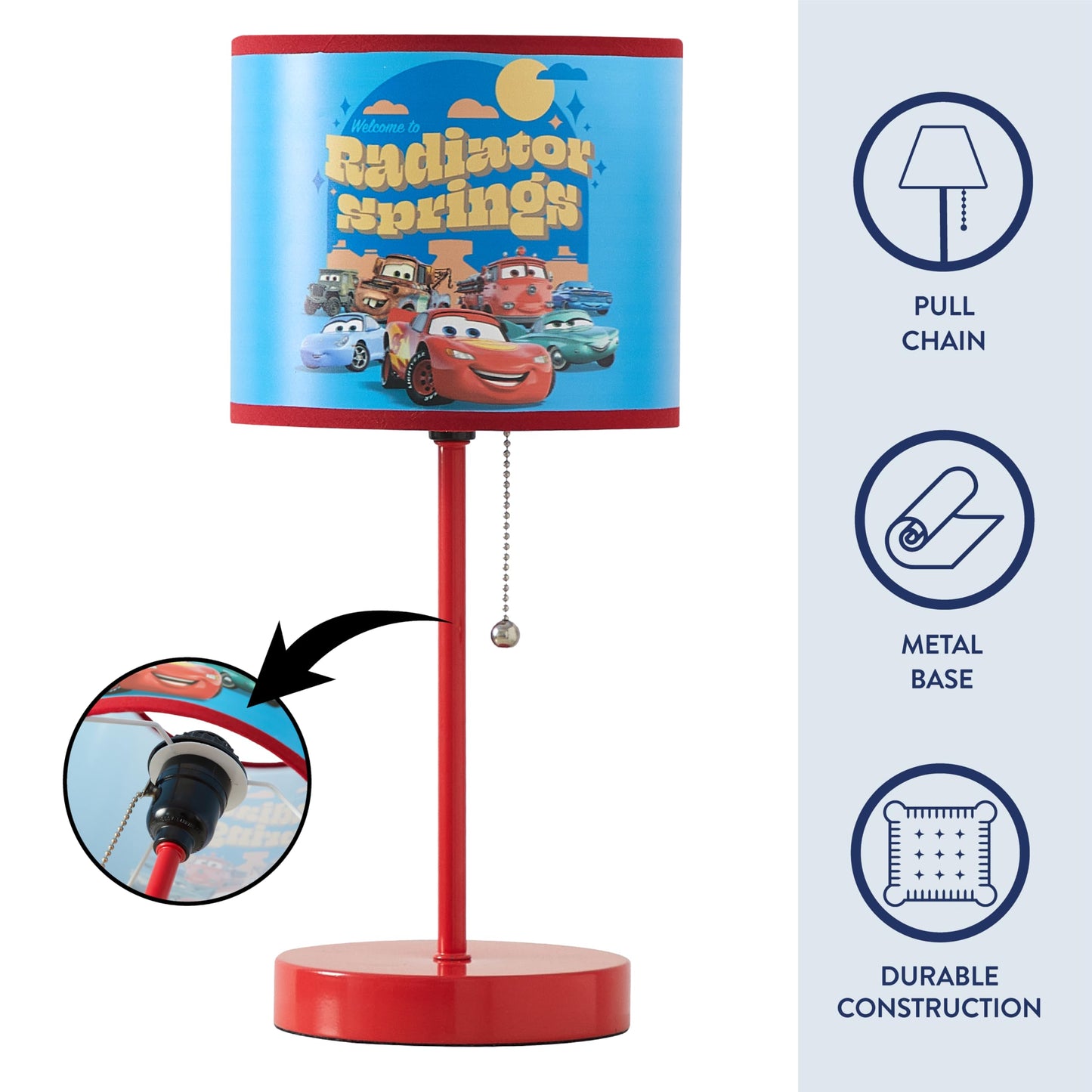 Idea Nuova Table Lamp for Kids, Stick Lamp with Printed Shade & Pull Chain, Bedroom or Nursery Nightstand Lighting,Cars