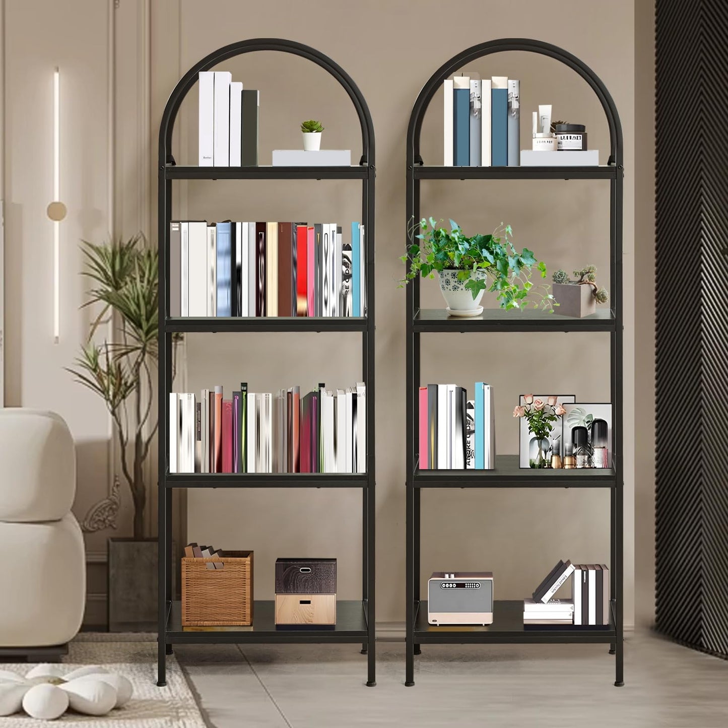 IDEALHOUSE Bookshelf 4 Tier,Arched Display Racks,Tall Shelf for CDs/Books, Modern Storage Rack Shelf Large Wood Book Shelf for Bedroom, Living Room, Home Office