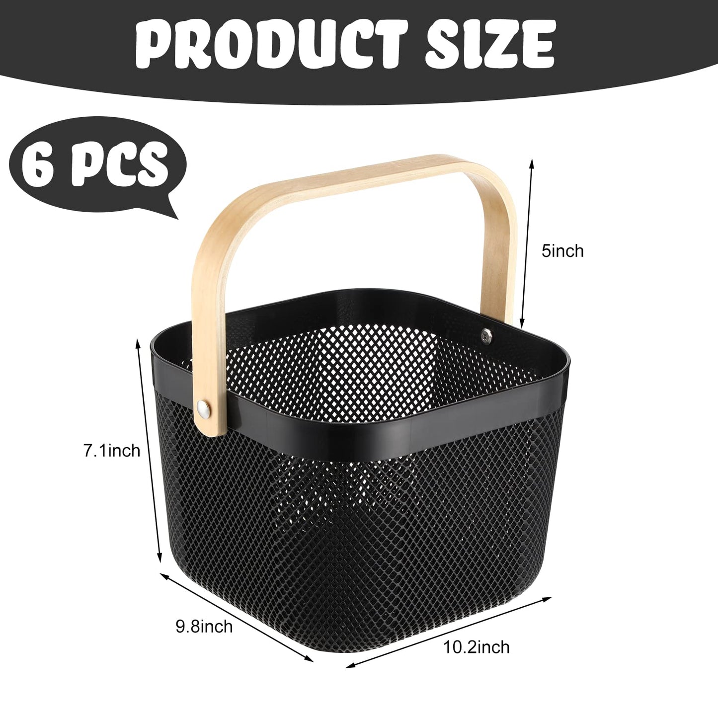 Roshtia 6 Pcs Plastic Mesh Storage Basket with Handle 9.8 x 10.2 x 7.1 Inch Garden Harvest Storage Basket Multi Functional Hanging Organizer for Kitchen Bathroom Picnic Cabinet Home(Black)