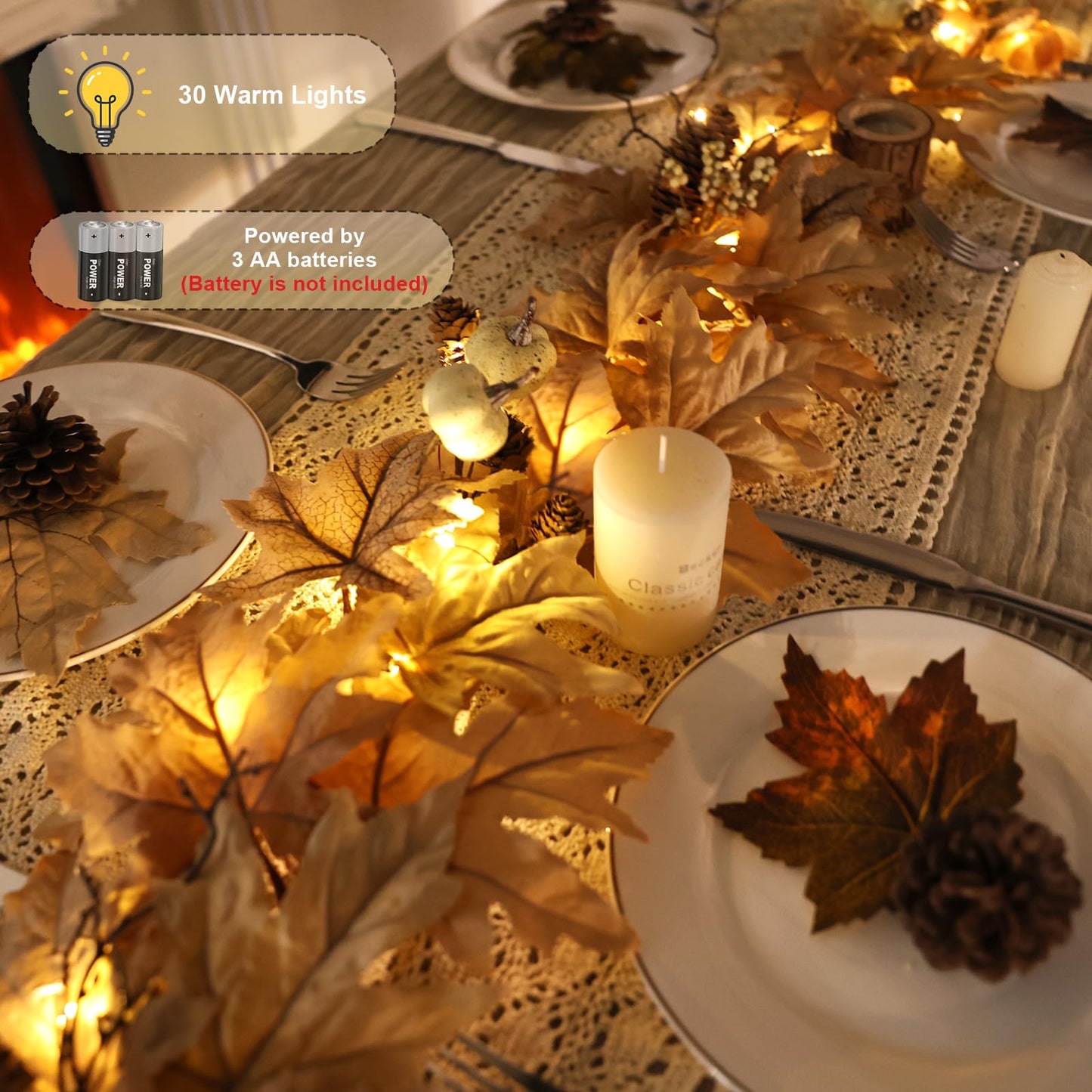 6 FT Fall Garland with Lights Timer Function Autumn Fall Leaves Garland with Berries Pine Cones Pumpkins Realistic Automatic ON/Off Timer Fall Decorations for Home Mantle Fireplace Porch Door Table