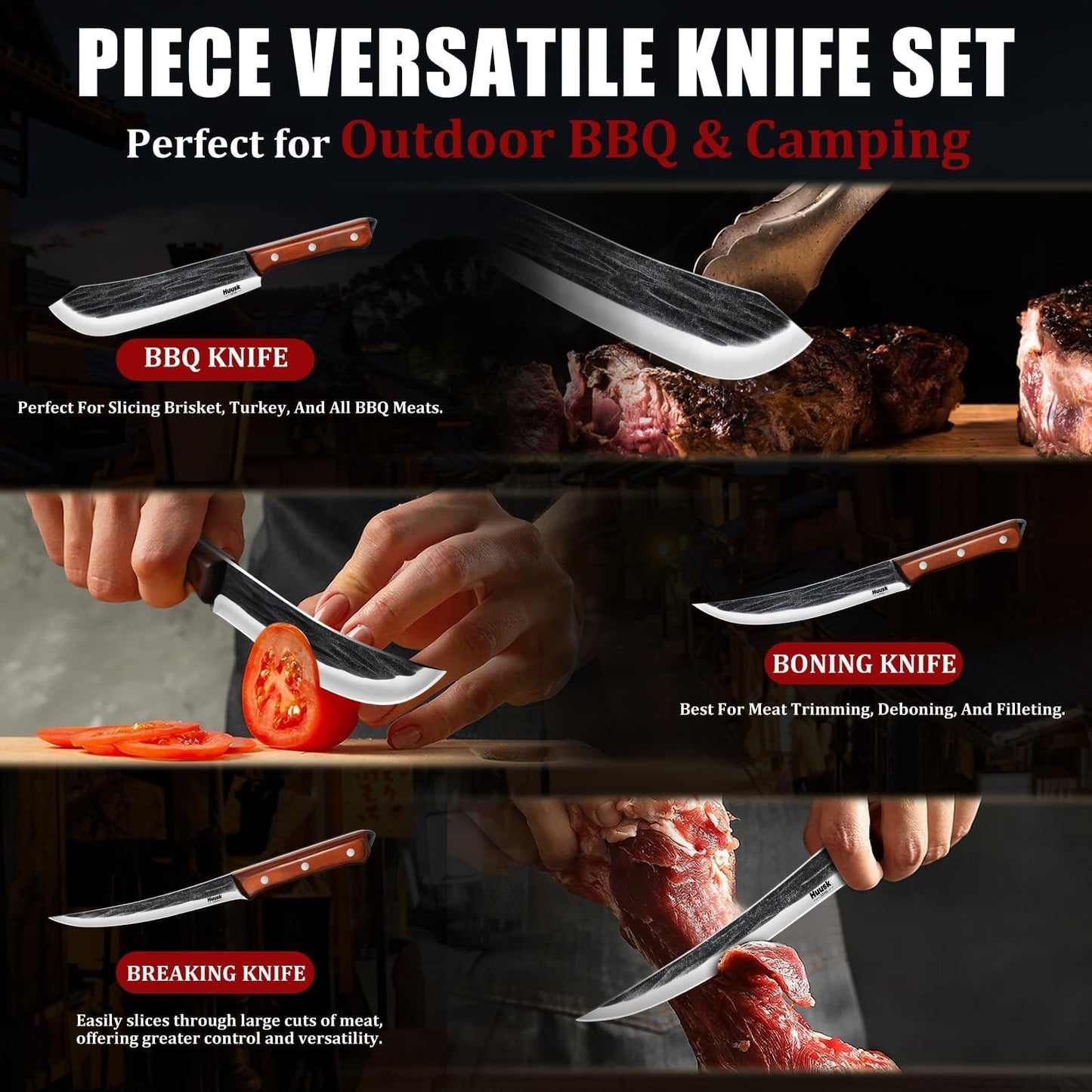 Huusk Butcher Knife Set for Meat Cutting, 3PCS Carving BBQ Brisket Knives, Hand-forged Kitchen Knive Set with Ergonomic Handle, Gifts for Men Women