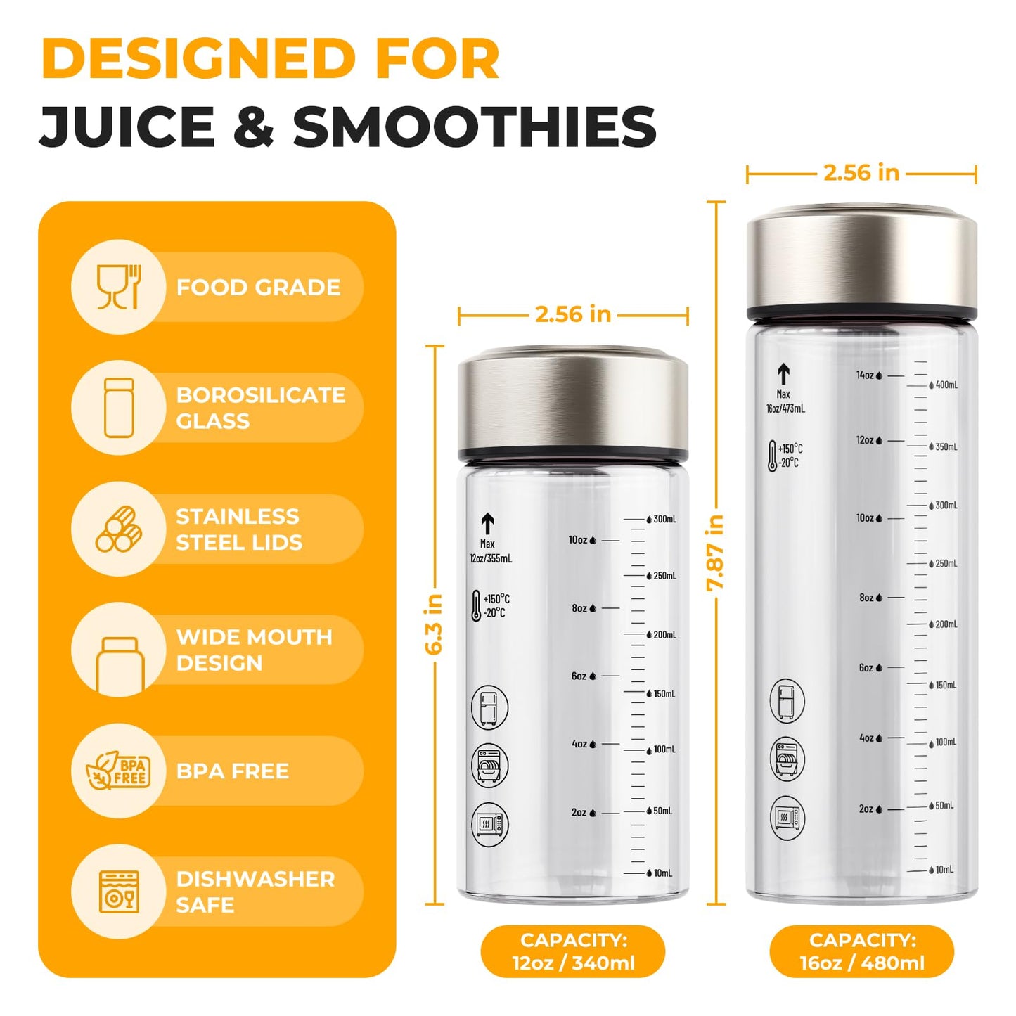 Sursip Glass Juice Bottles 6 Pack 16 oz – Wide Mouth Reusable Bottles with Stainless Steel Lids – Heat-Resistant Borosilicate Glass, BPA Free, Leakproof for Juicing, Smoothies, Milk, Infused Water