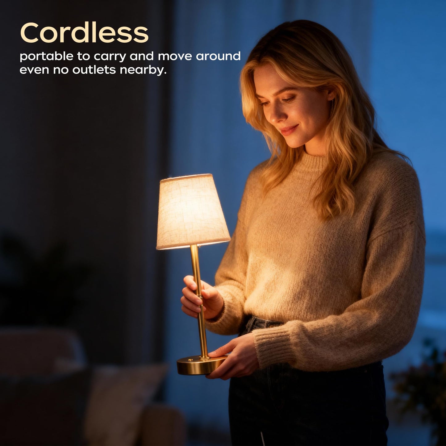 Cordless Table Lamp Rechargeable, 6000mAh Battery Operated LED Lamp with USB-C, Touch Control Stepless Dimmable Small Gold Fabric Lamp for Kitchen Counter, Small Spaces, Bedroom, Living Room 2PCS