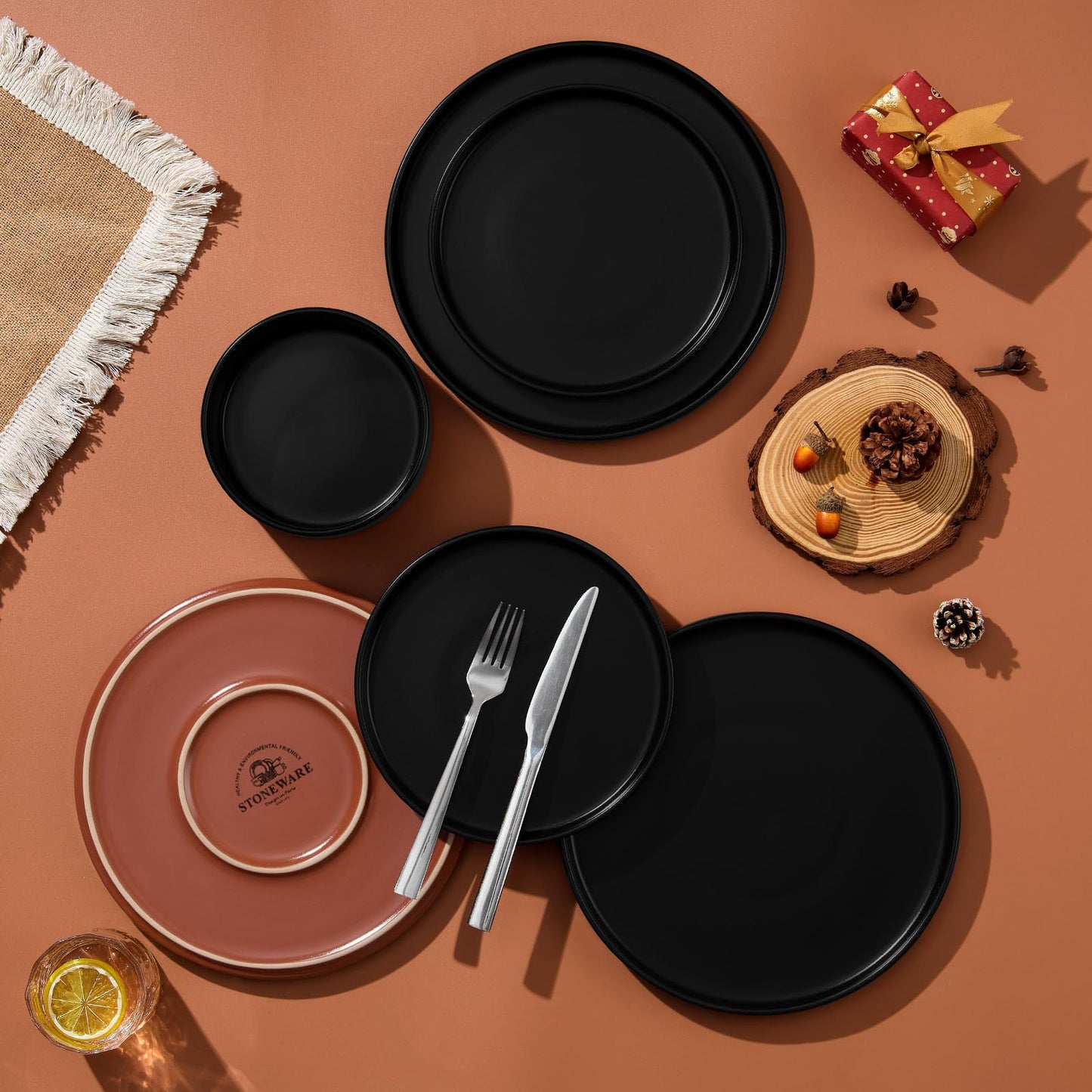 LIANYU 12 Pieces Porcelain Dinnerware Sets, Premium Plates and Bowls Set, High-Fired Ceramic Dishes Set for 4, Chip & Scratch Resistant, Microwave Dishwasher Safe, Charcoal Black