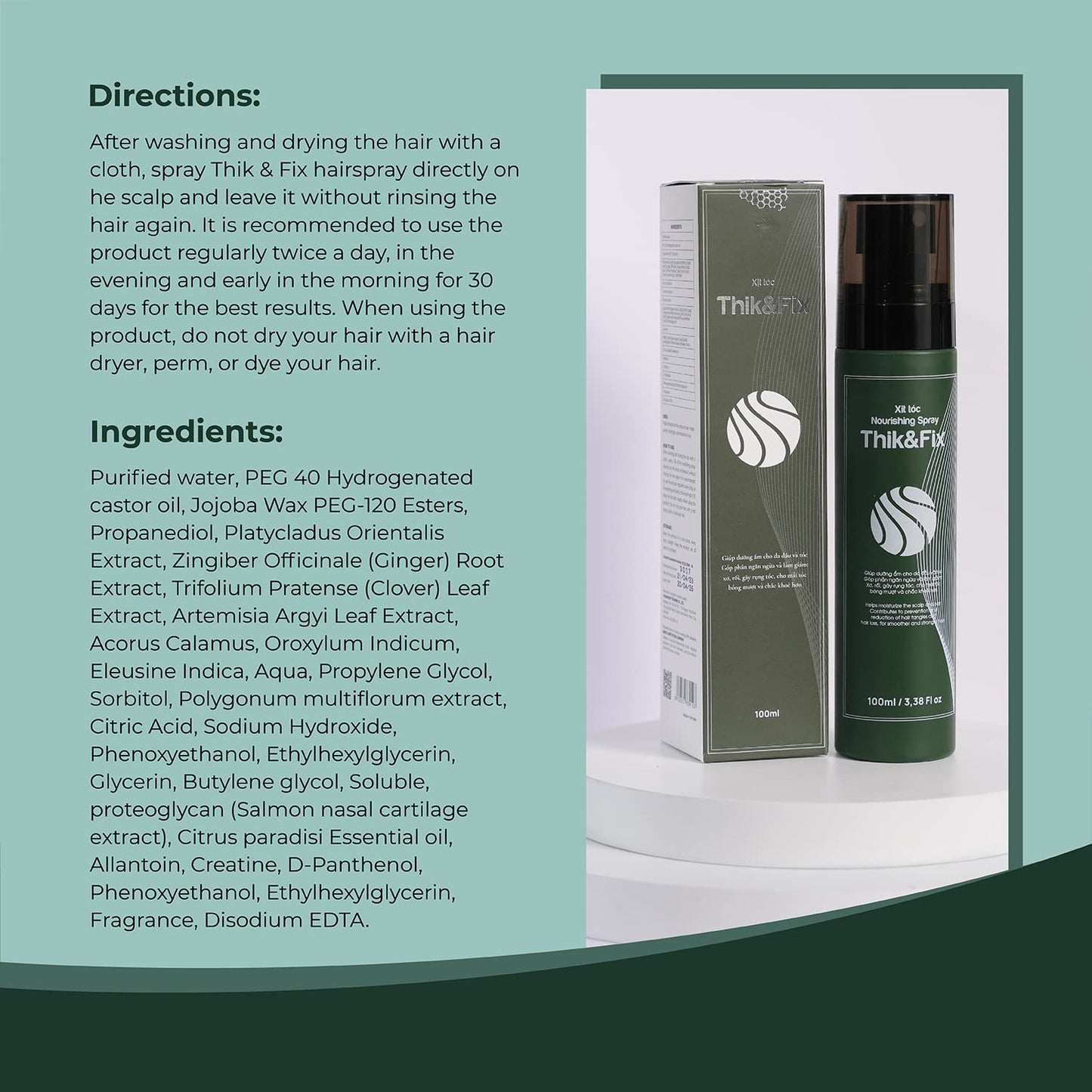 Thik&Fix Hair Growth Spray, Hair Thickening Spray for Men & Women, Increase Volume & Texture, Moisturizing Scalp and Hair, Reduce Tangles (3.38 Fl oz)
