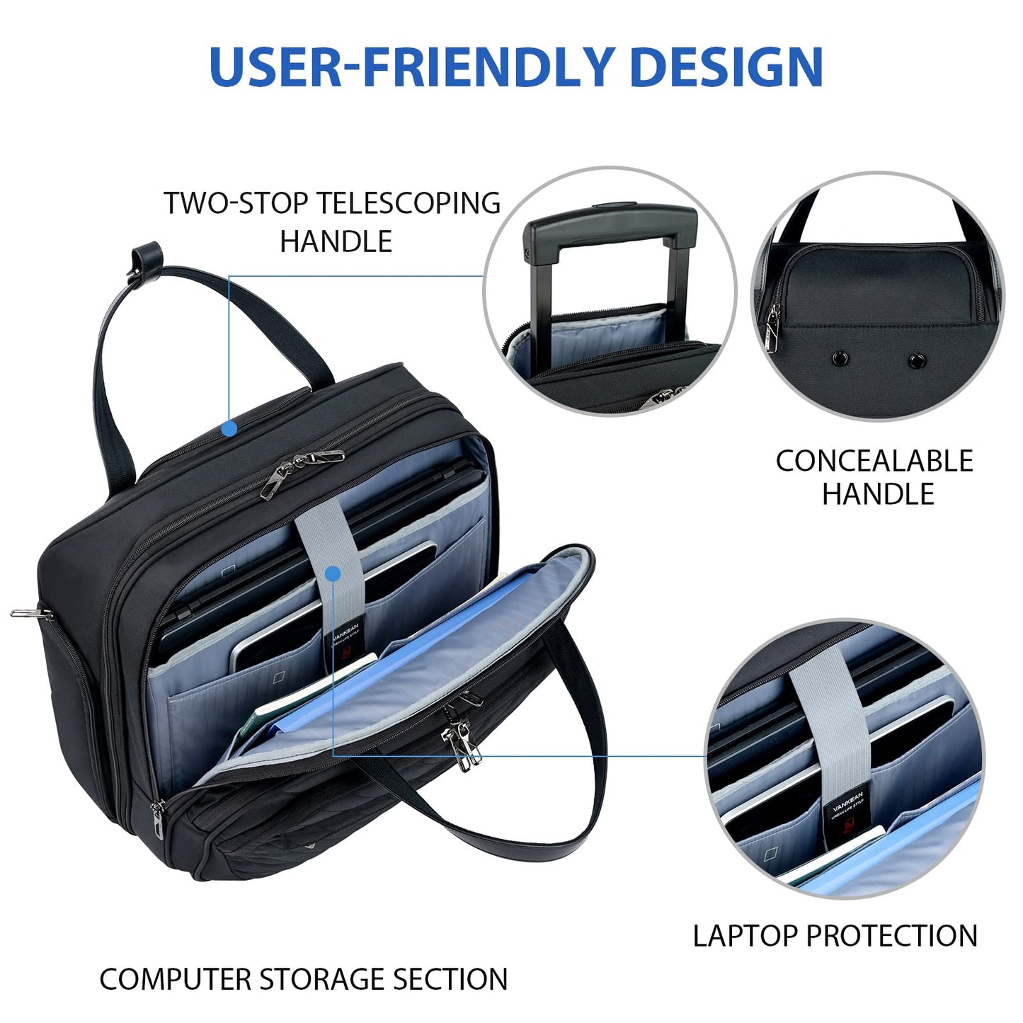 VANKEAN Rolling Laptop Bag Women with Wheels, 15.6 Inch Briefcase for Women, Water Repellent Overnight Rolling Computer Bag with RFID Pockets for Travel Business Work School, Black