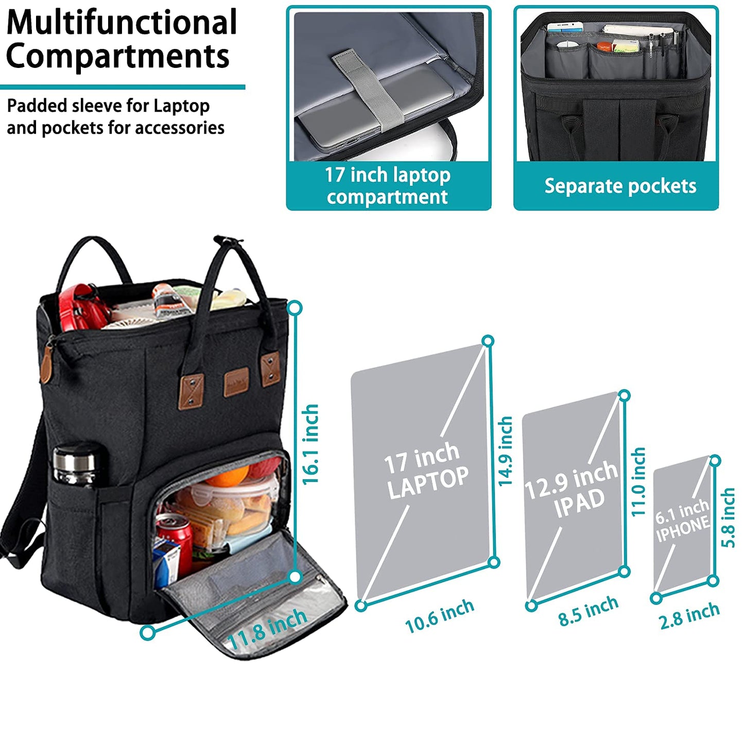 MAQTOIZ 17 Inch Laptop Backpack, Large Lunch Backpack for Women Men Gifts, Travel Carry On with Lunch Box and USB Port, Insulated Cooler Bookbag Nurse Work Backpacks, Black