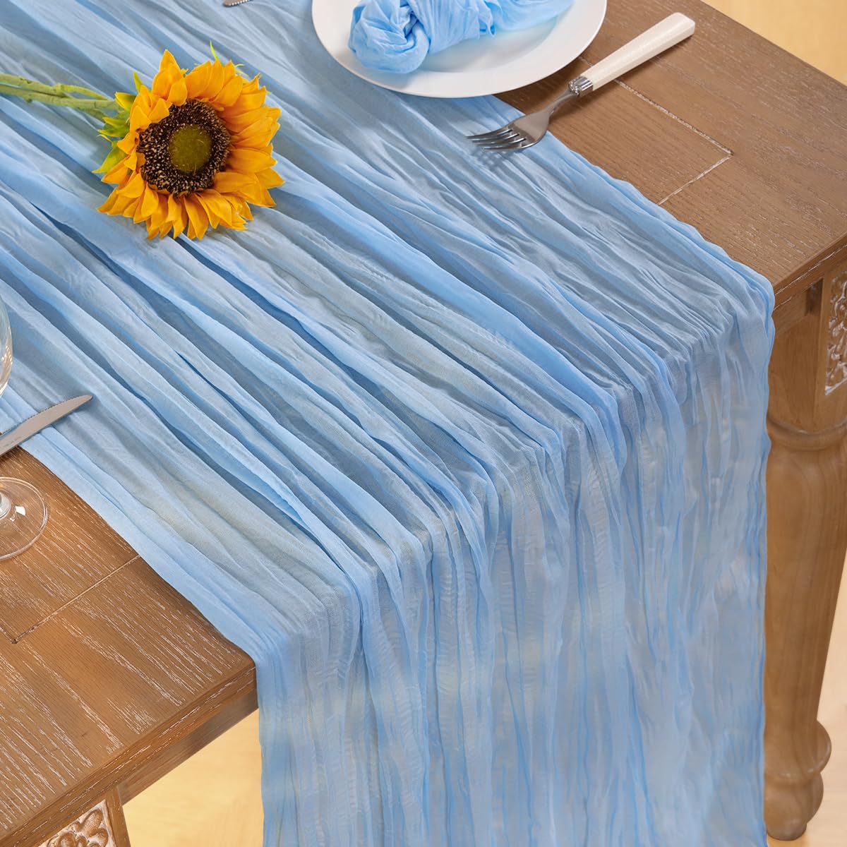 DeZerlor Baby Blue Cheesecloth Table Runner 10 Pack Spring Boho Sheer Cheese Cloth Table Runners Light Blue 120 Inches Long Gauze Easter Table Decor for Wedding Bridal Baby Boy Shower Birthday Party