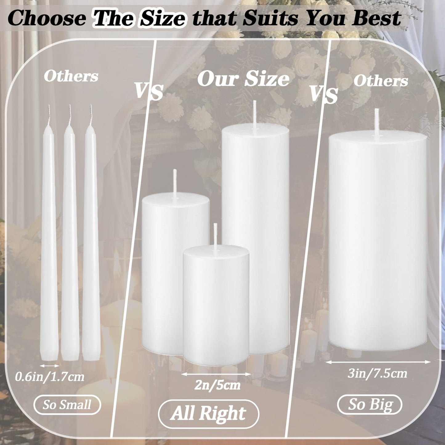 Trxvxo 18 Pcs Ivory Pillar Candles Bulk Set，Hurricane Candles，3 Different Lengths 2 x 3/4/6 Inch (6 Each)，Dripless Unscented Smokeless，Gives You a Better Atmosphere When Organizing an Event Party.