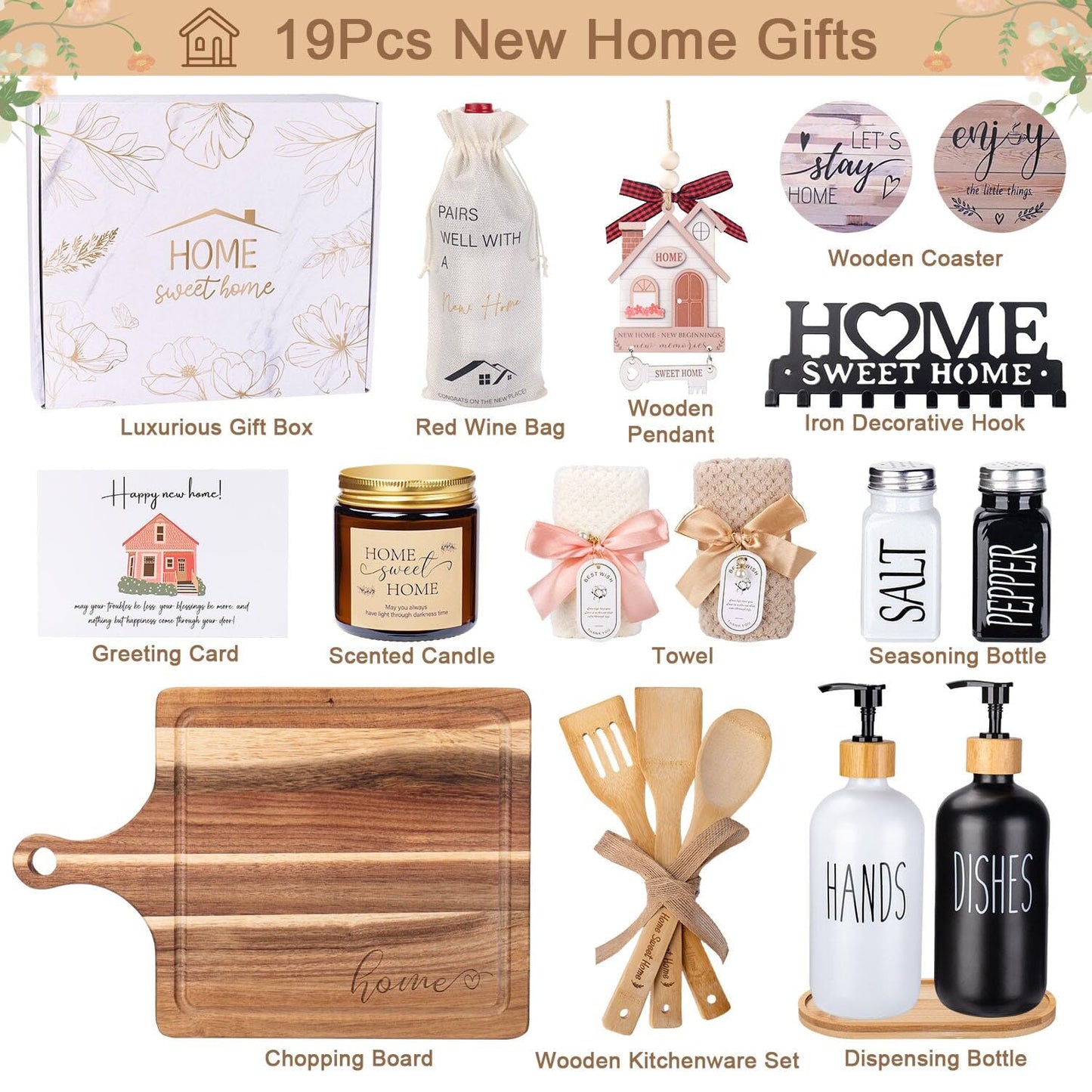 House Warming Gifts New Home, 19pcs New Home Gift Basket For Homeowners, Couple Women Neighbor - Includes Decoration, Kitchenware, Towel, Greeting Card, First Time Home Buyer Gift, Housewarming Gifts
