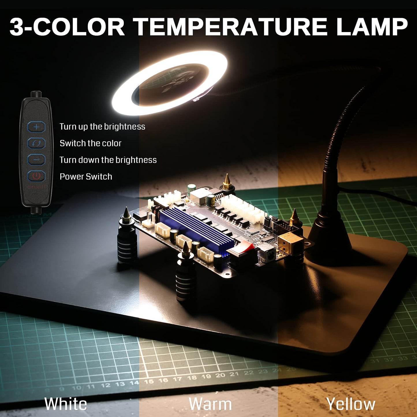 SainSmart Magnetic Helping Hands Soldering Station with an 11.1 x 7.1 Inch Larger Base, 5X LED Magnifying Lamp, 4 PCB Circuit Board Holder & 4 Flexible Magnetic Helping Hands