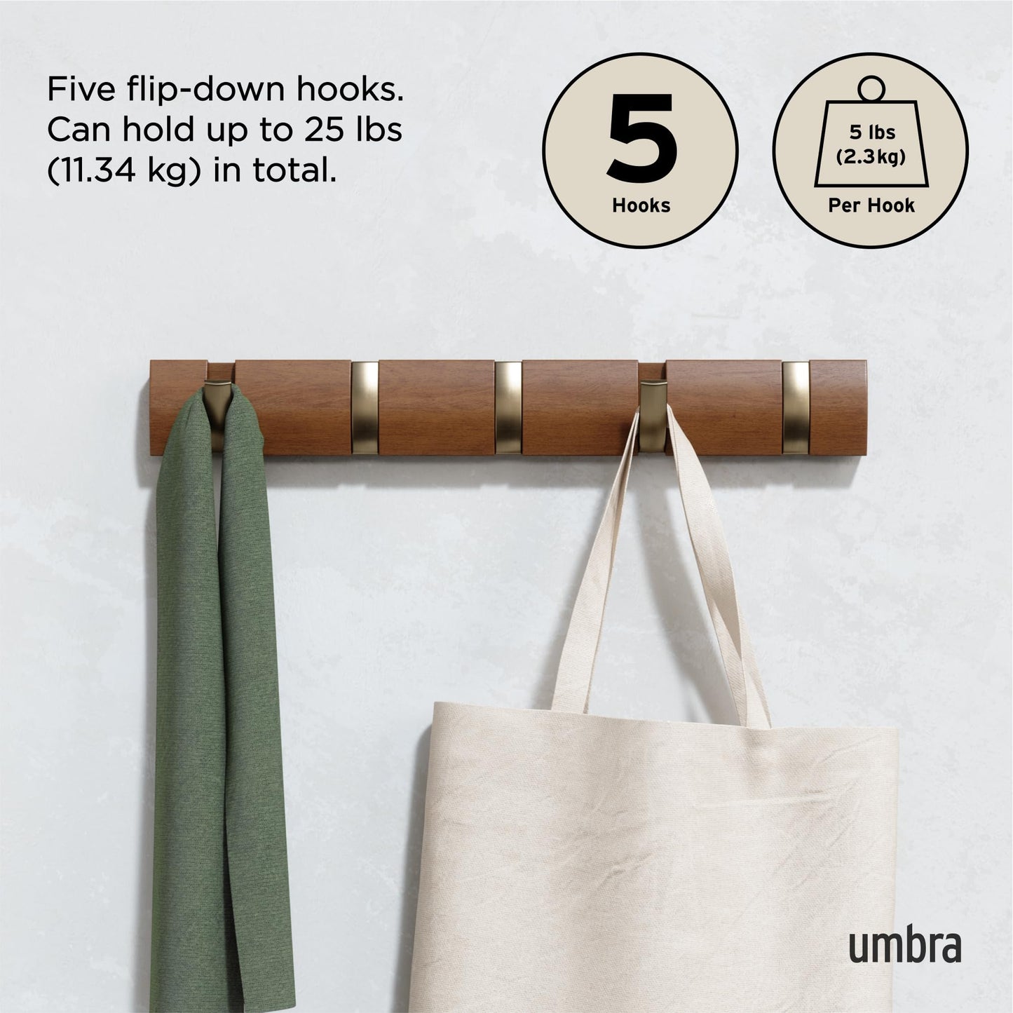 Umbra Flip Wall-Mounted Coat Rack with 5 Hooks – Modern, Space-Saving Storage for Hats, Jackets, Bags, Entryway, Mudroom, Closet, Bathroom, Bedroom – Light Walnut/Gold