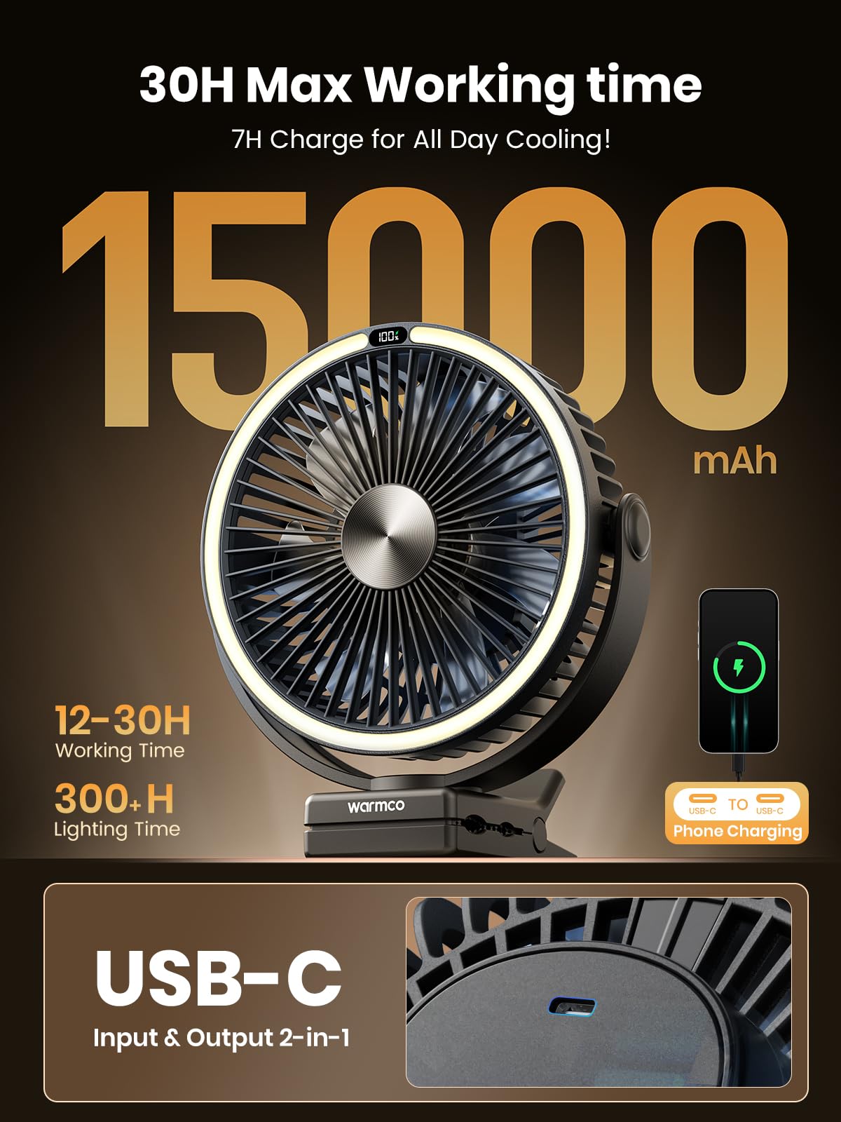 Warmco 15000mAh Portable Clip on Fan Rechargeable, 8 Inch Battery Powered Desk Fan, LED Lantern & Hook, 360° Rotate & 4 Speeds Strong Airflow for Camping Tent Office Outdoor Travel Golf Cart