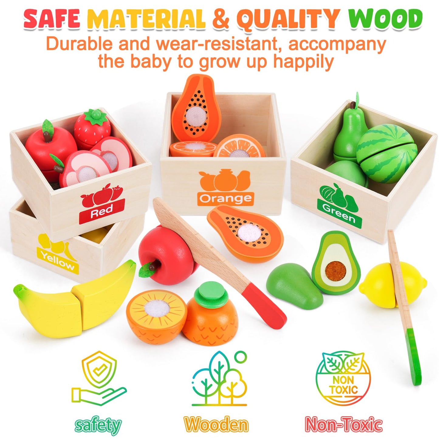ATOYUS Wooden Play Food Set Toys for Toddlers 1-3, Kids Toy Play Kitchen Accessories, Cutting Fruits Pretend Food with Storage Boxes, Christmas Birthday Gifts for 1 2 3 Year Old Baby Boys Girls