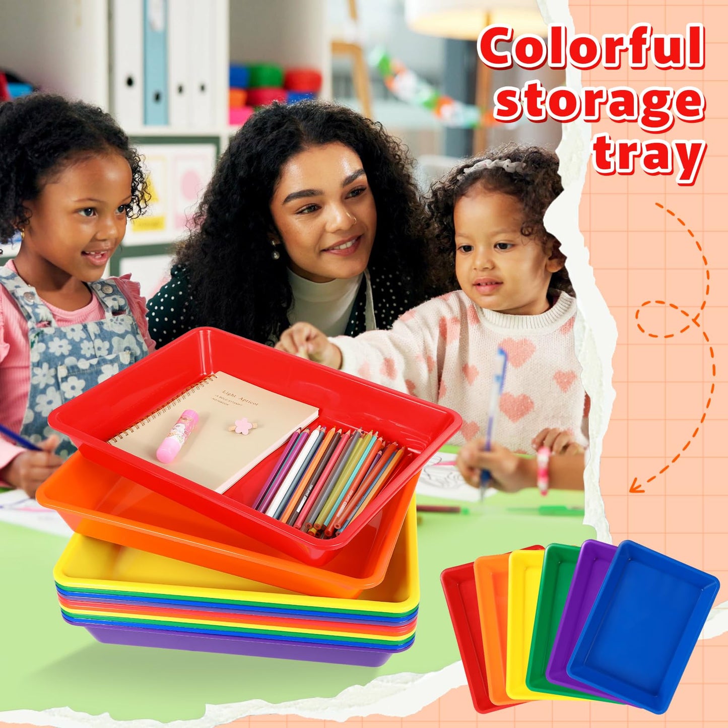 12 Pack Letter Size Flat Storage Paper Tray Organizer Bin Tray Plastic Stackable File Organizer for Classroom Library School Office Teacher Desktop Book Organization (Rainbow)