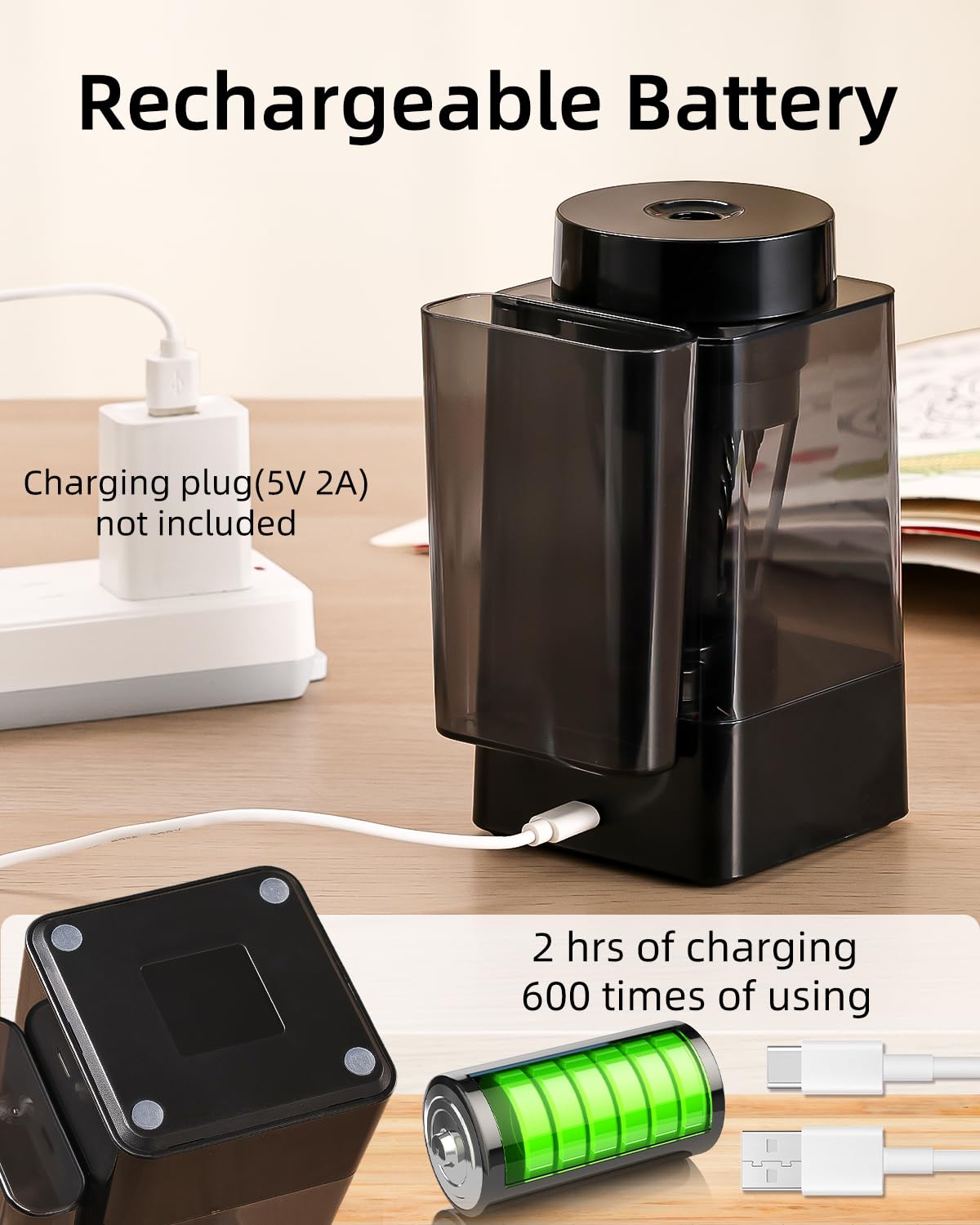ZMOL Fully Automatic Electric Pencil Sharpener, Hands-Free Auto in & Auto Eject, Rechargeable Colored Pencil Sharpener for 6-12mm Pencils, 5 Point Settings, Auto Stop, Classroom School Teacher